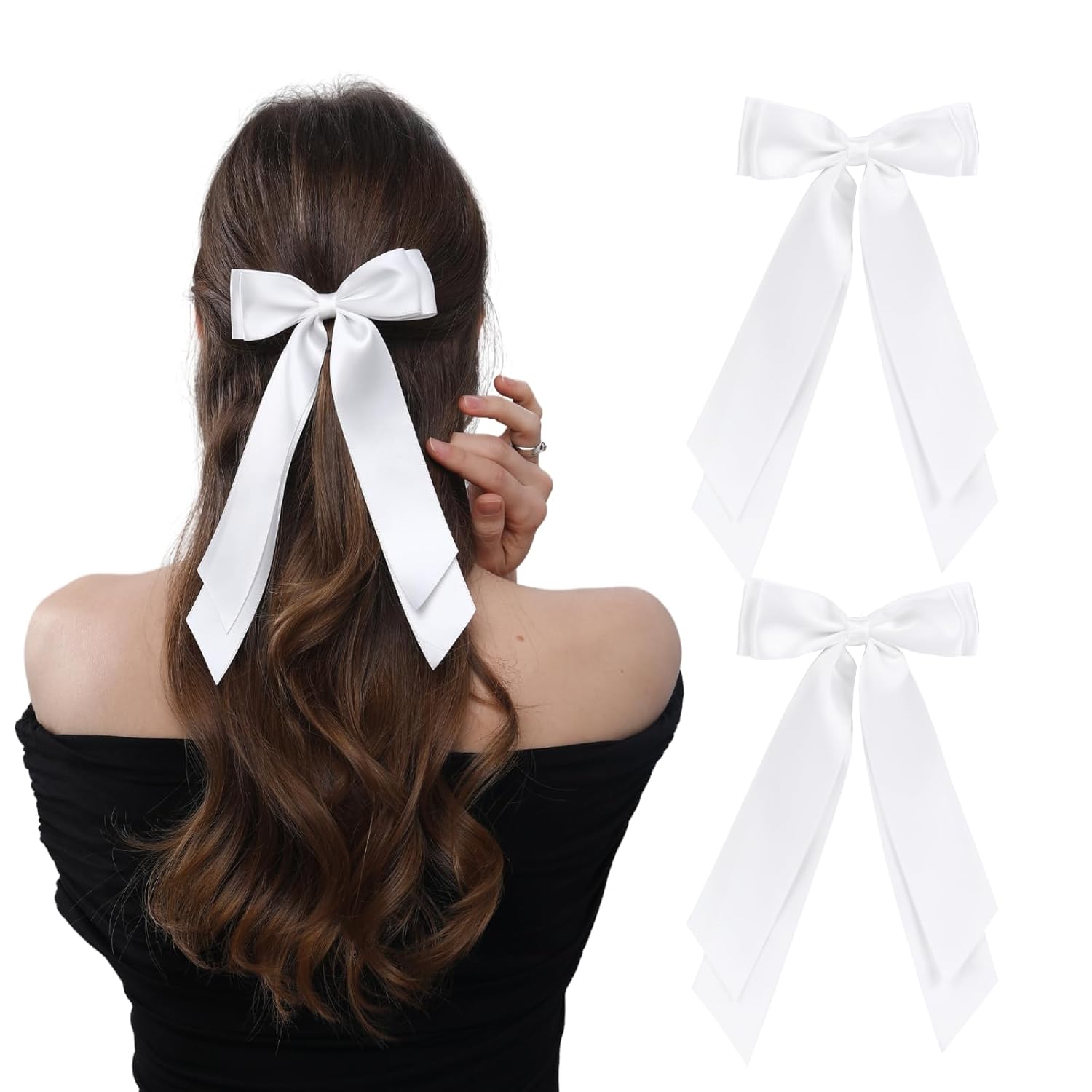 LuSeren 2-Pack Double Layer Hair Bows with Ribbon Clips (White)