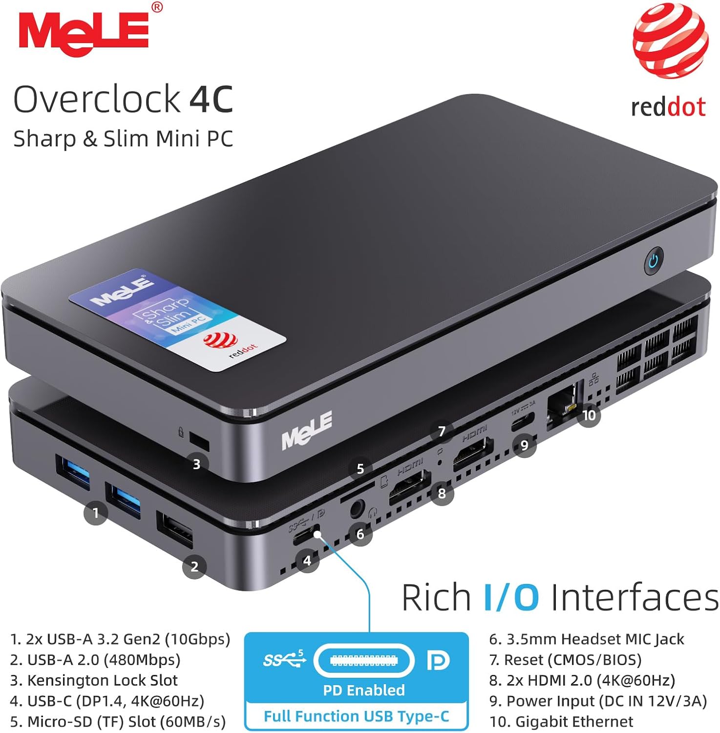 Detalle de MeLE Overclock4C Mini PC, N100: A compact, feature-rich IoT-ready PC with triple 4K output