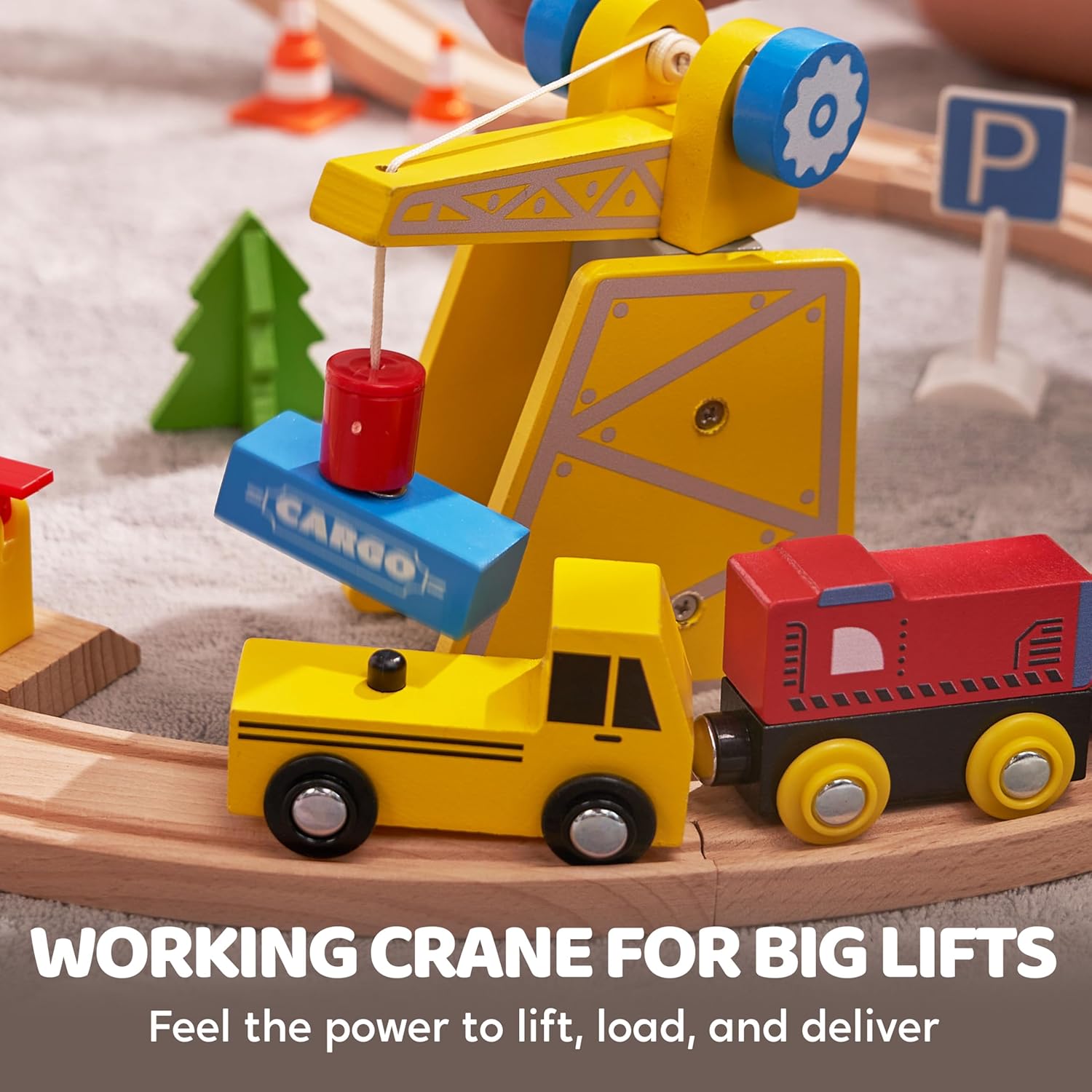 Detalle de SYNCFUN 60-piece Montessori wooden train set with magnetic crane