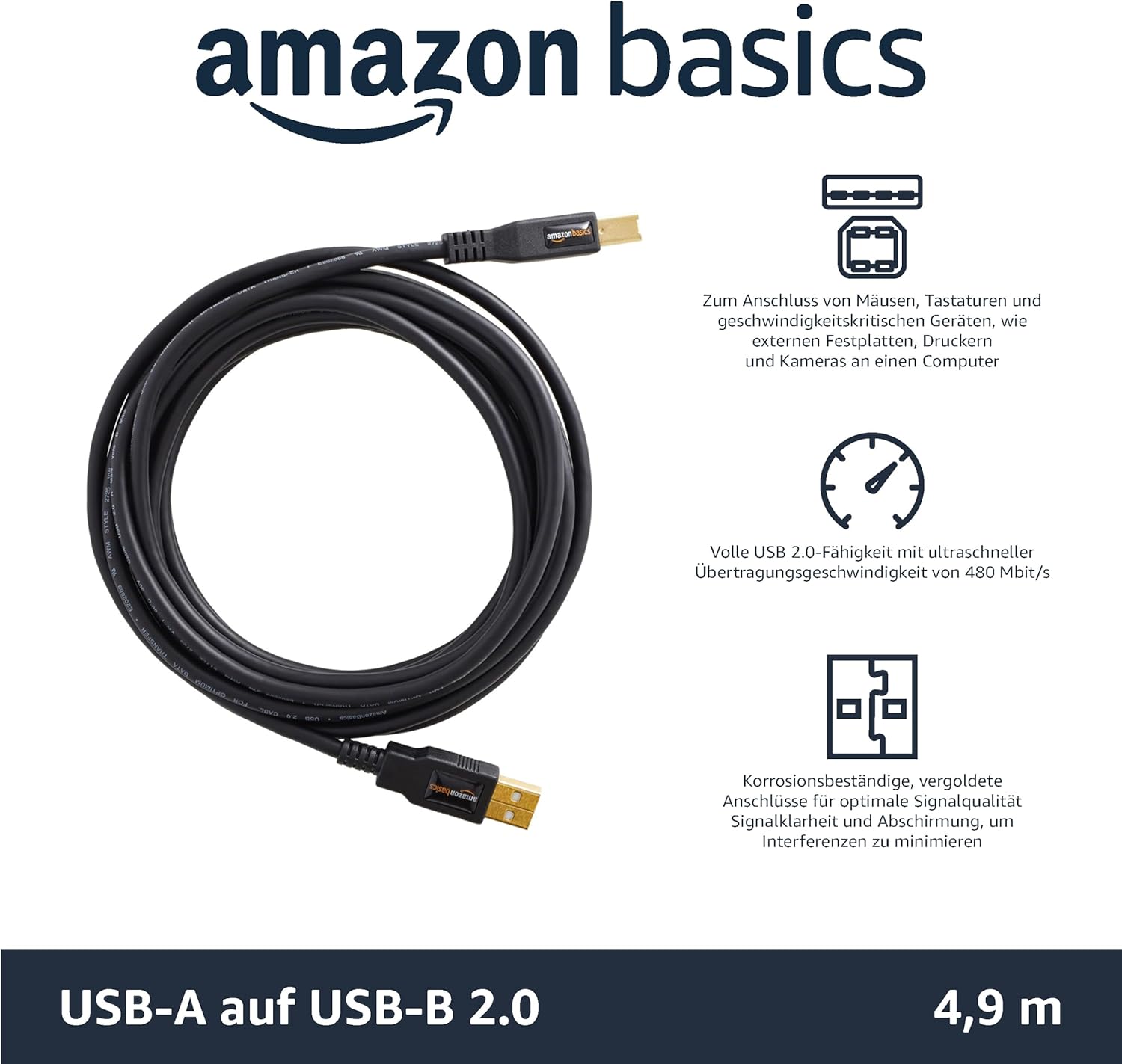 Thumbnail 1 de AmazonBasics PC045 USB 2.0 Druckerkabel USB-A auf USB-B, 4,8 m, schwarz