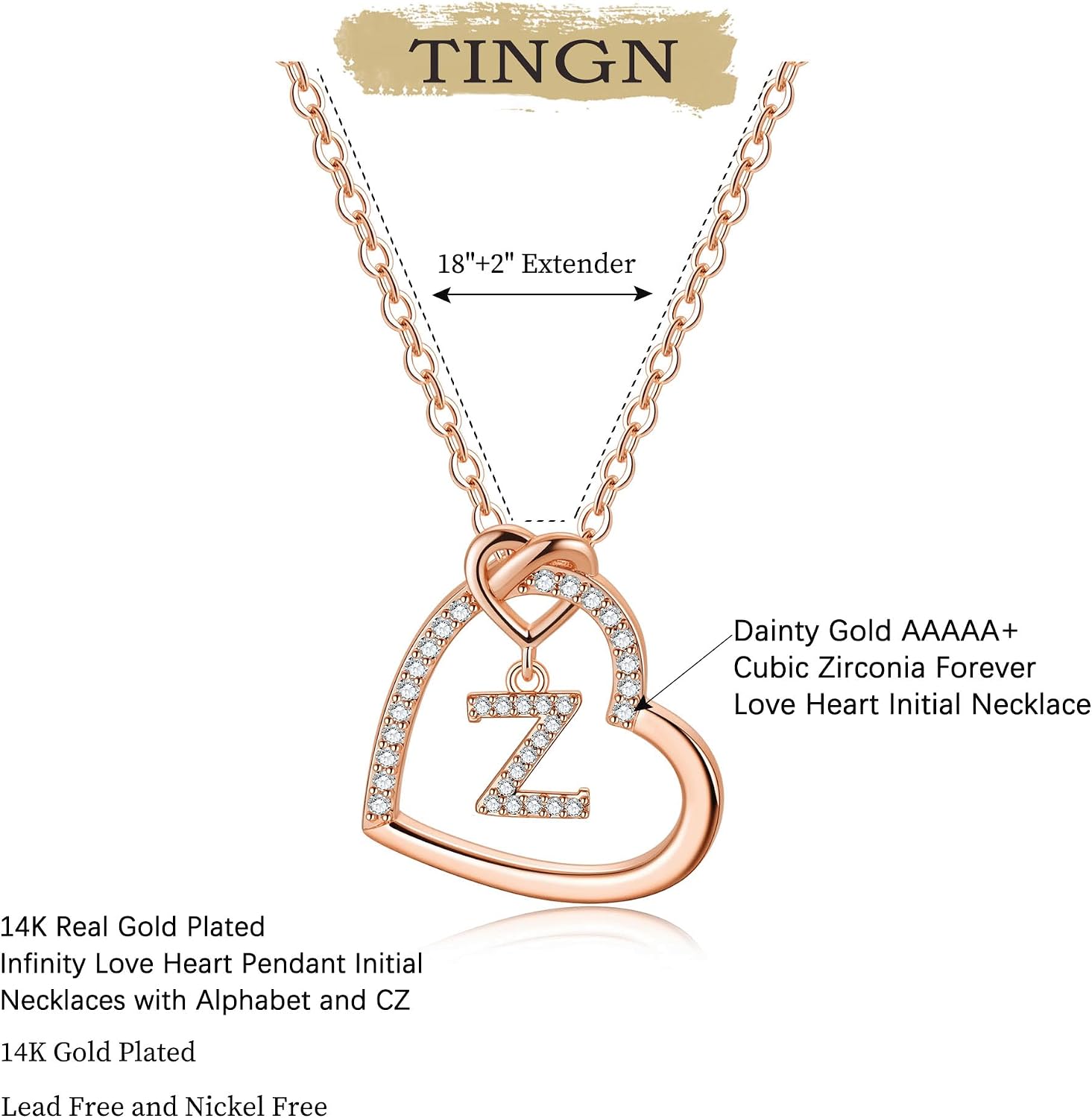 Detalle de TINGN Buchstaben- & Herz-Kette für Damen und Mädchen (A–Z) – vergoldet, nickel- und bleifrei, mit Verlängerung