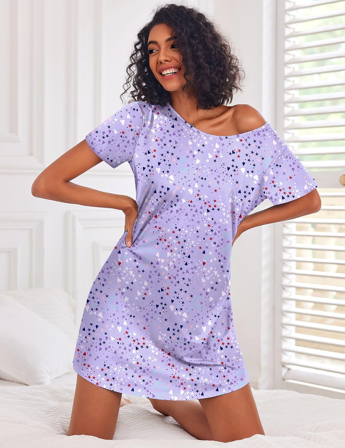 Detalle de Ekouaer 3-Pack Women’s Short-Sleeve Nightgowns, Button-Down, Raglan & Classic