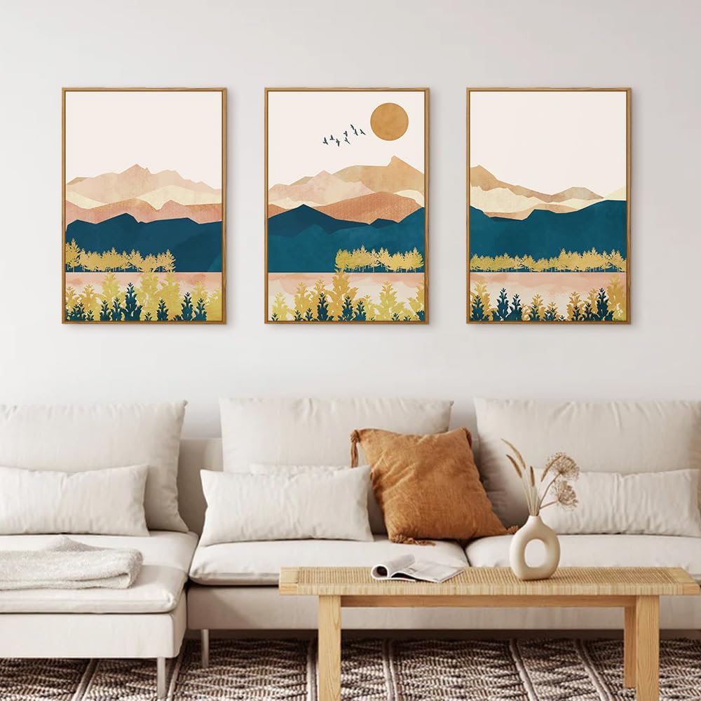 Thumbnail 1 de HPINUB Mountain Framed Canvas Wall Art Set – Mid Century Modern Boho Nature Trio