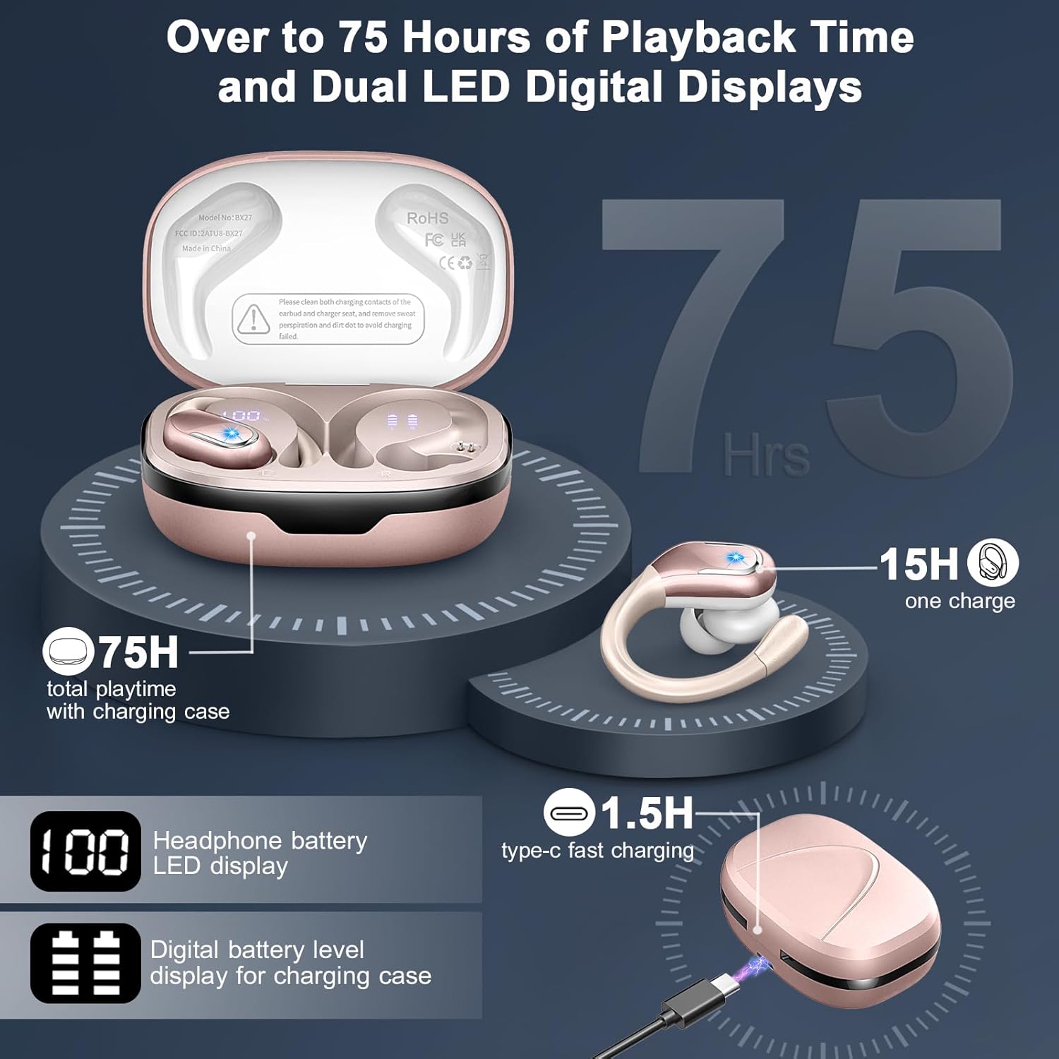 Thumbnail 3 de Wireless Earbud (Rosegold) — 75H Bluetooth 5.4, IP7 Waterproof, ENC Mic, 3D Bass, Earhooks