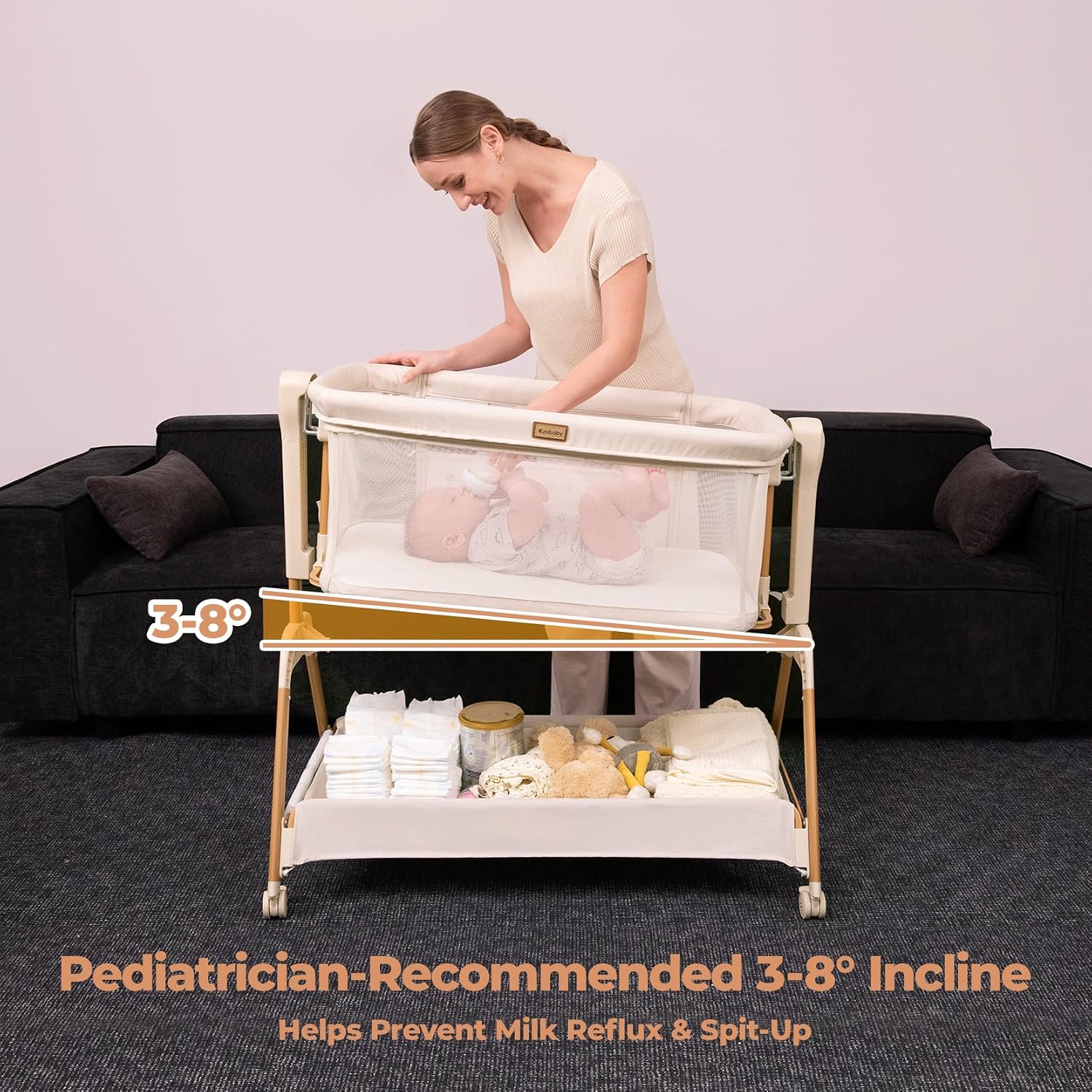 Detalle de Ezebaby OD-B19 3-in-1 Bedside Bassinet with Mesh Sides and Lockable Wheels