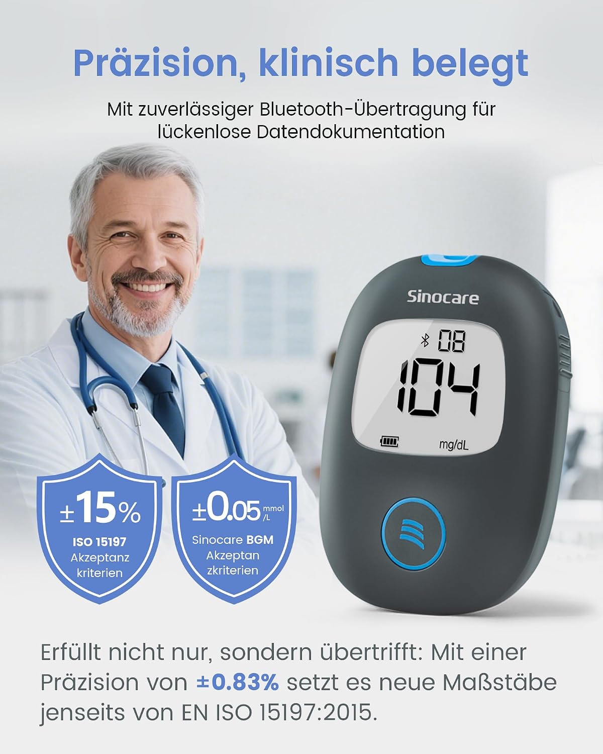 Detalle de Sinocare Blutzuckermessgerät Bluetooth mit App – Klinische Präzision, Nachprobenahme in 5 Sekunden