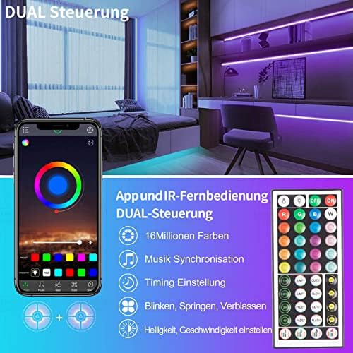 Detalle de KSIPZE LED Streifen 10m RGB – Bluetooth App, IR-Fernbedienung, Musik Sync, dimmbar