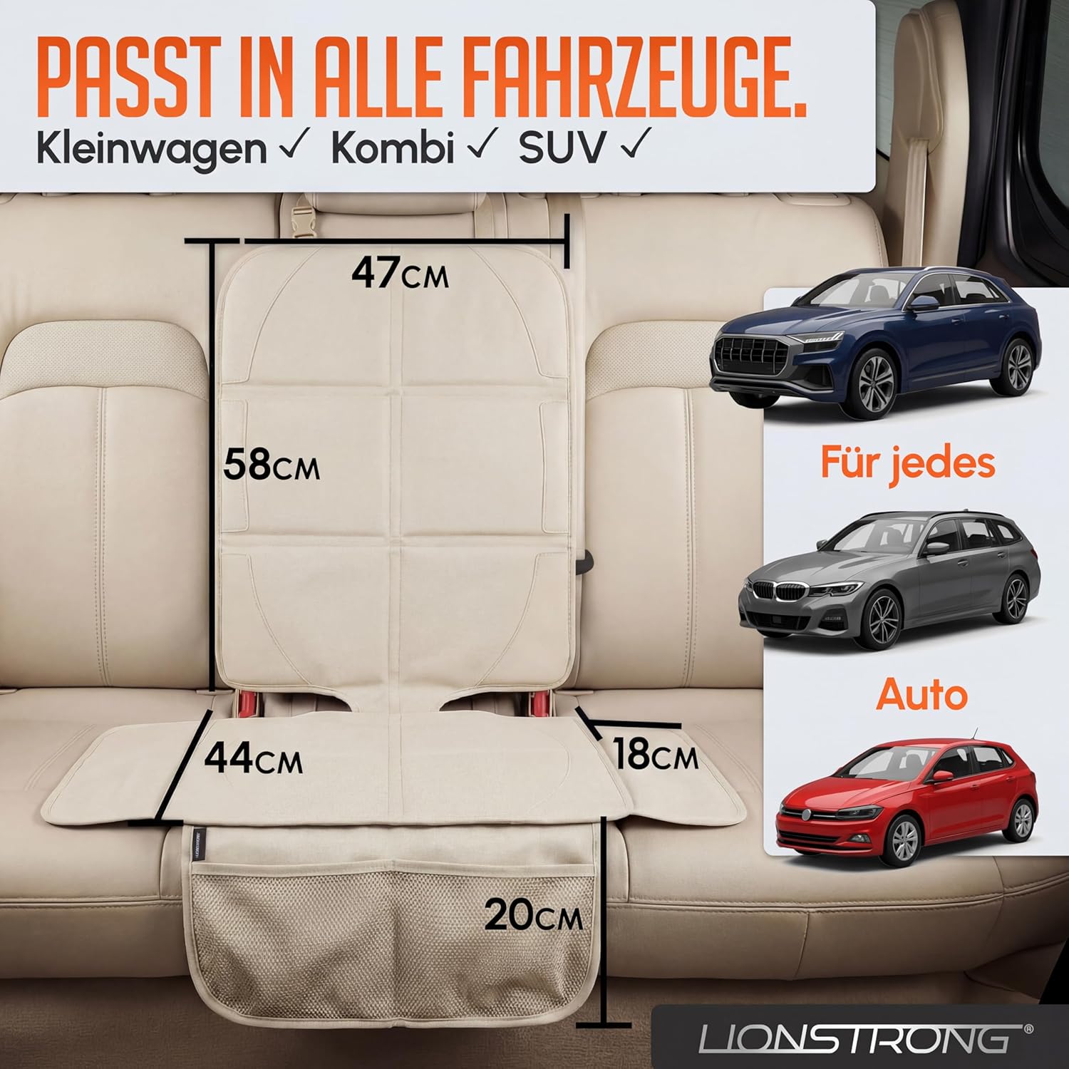 Thumbnail 6 de LIONSTRONG Kindersitzunterlage mit ISOFIX-Eignung – wasserabweisender Polyester, cremeweiß