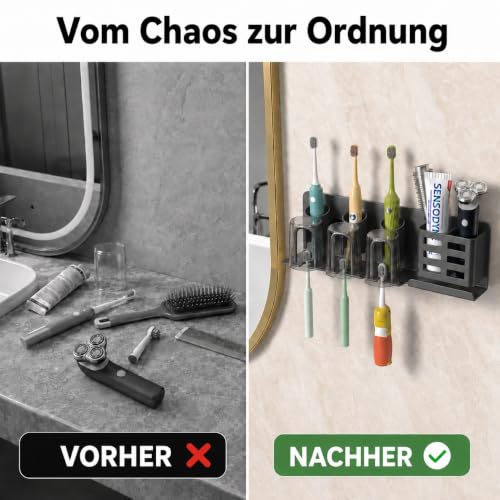 Detalle de KEXIBO Zahnbürstenhalter Wand Ohne Bohren – Aluminium, Klebehalterung für 3 Becher, Bad Organizer Grau