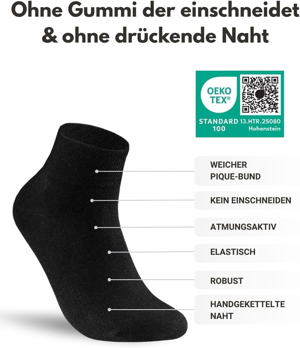 Detalle de sockenkauf24 10 Paar kurze Diabetikersocken Quarter – ohne Gummibund, nahtfrei, venenerfreundlich