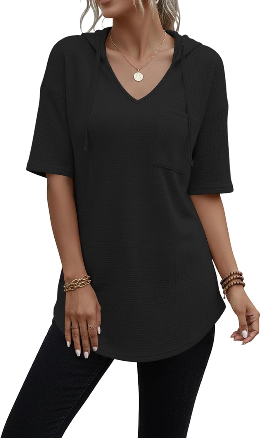 Detalle 2 de Cuptacc Pullover Damen Hoodie mit V-Ausschnitt, Langarm und Kapuze – leichter Waffelstrick