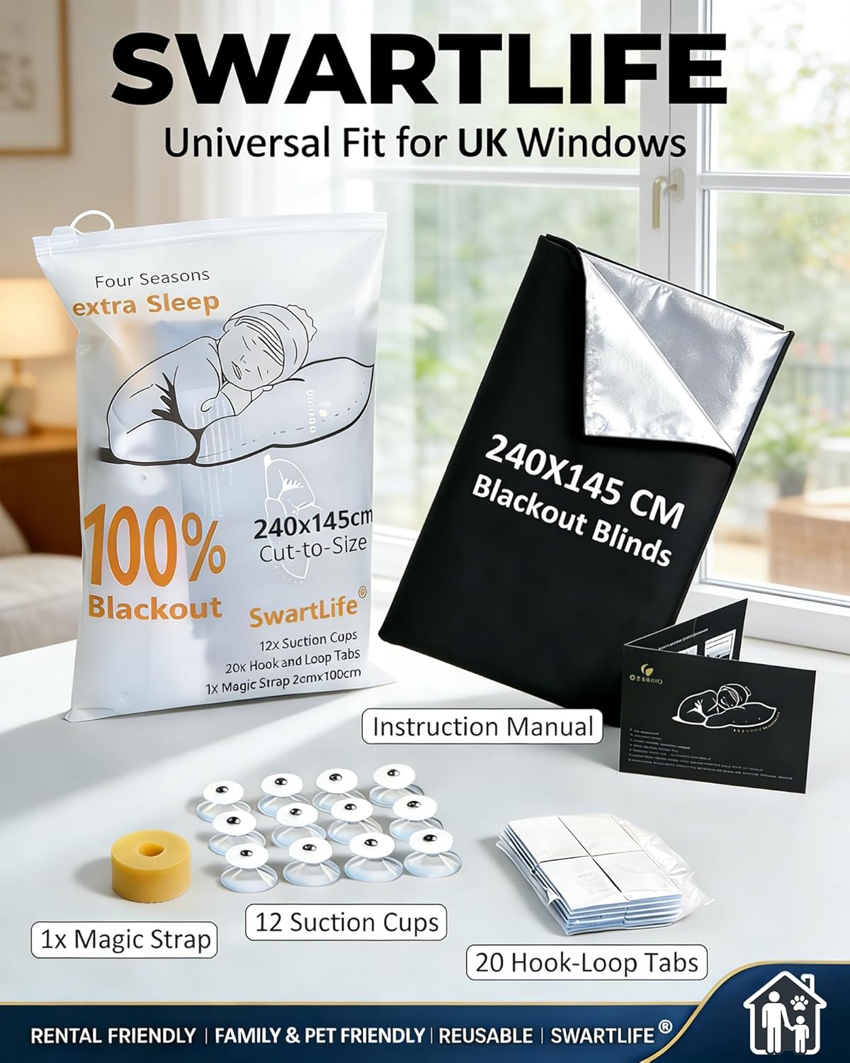 Detalle 2 de SwartLife 100% Blackout Blind (240x145cm) Stick-On Cut-to-Fit with Suction Cups & Hook-Loop Tabs
