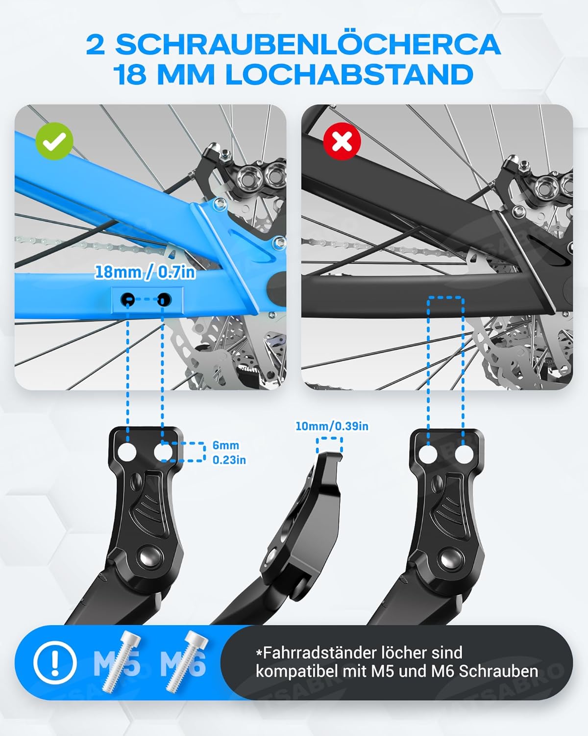 Thumbnail 3 de WATSABRO höhenverstellbarer Fahrradständer für 24–29 Zoll (E-Bike/MTB), Aluminium, Seitenständer mit 18-mm Distanzlöchern
