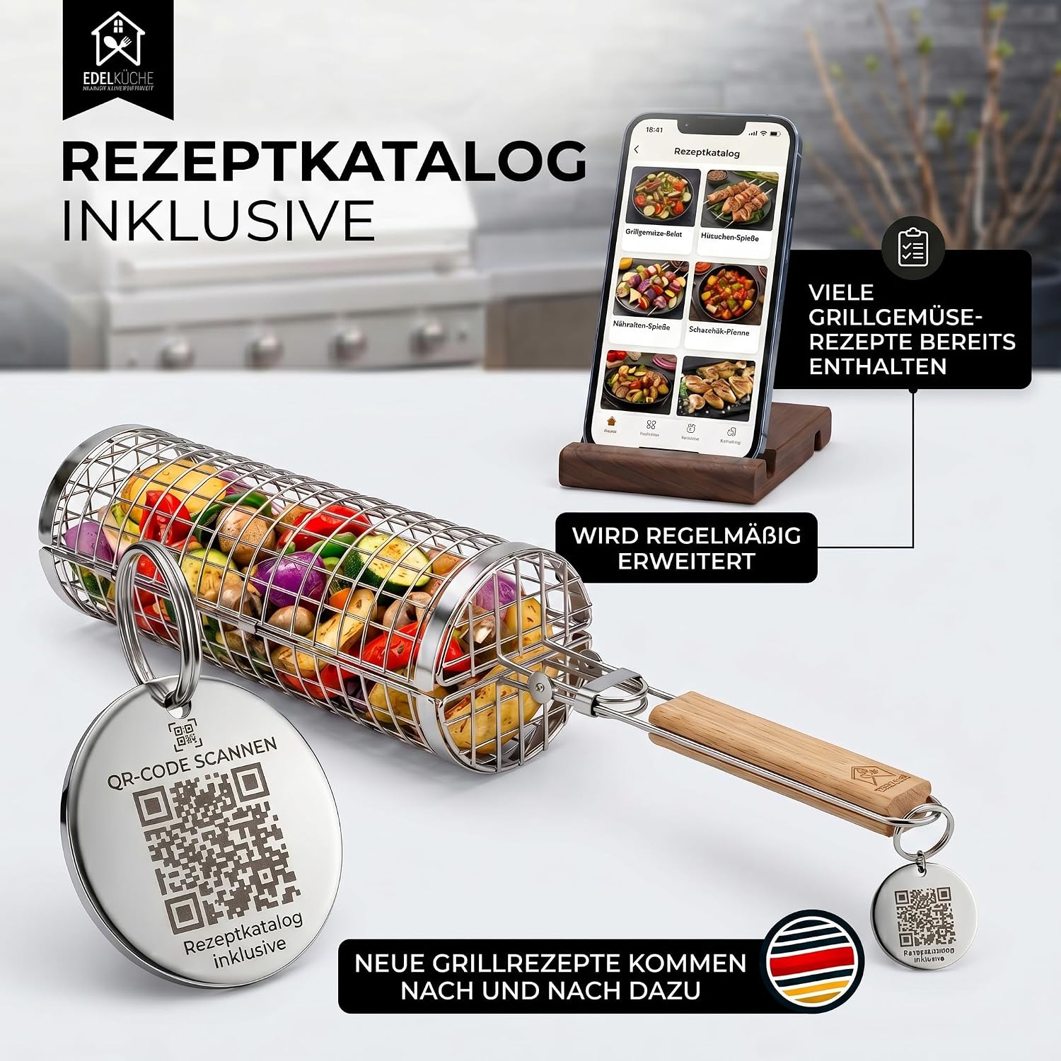 Detalle de EdelKüche Premium Grillkorb aus Edelstahl (XXL, rund, zylindrisch) – abnehmbarer Griff