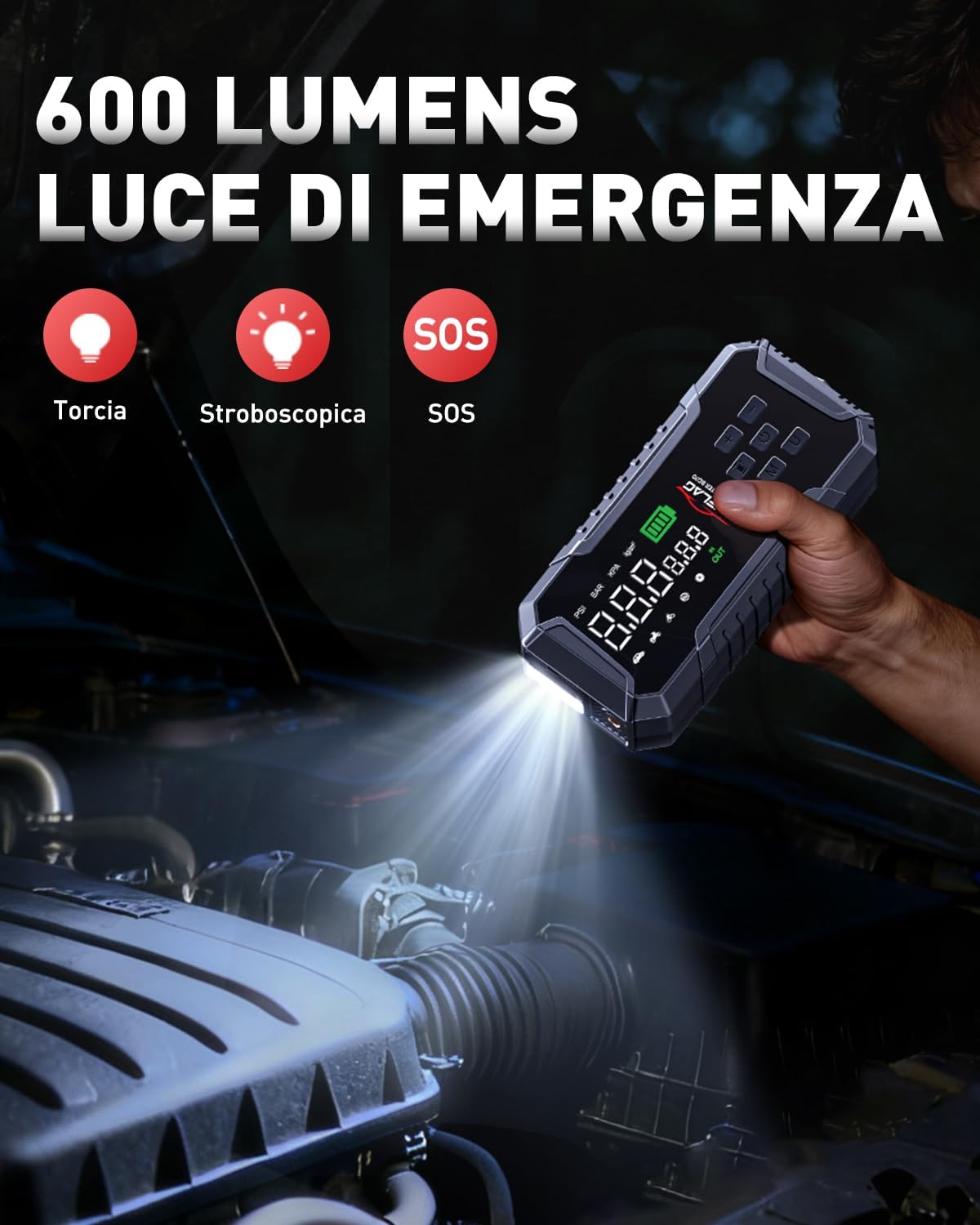 Detalle de ANFLAG Booster Avviamento Auto 8000A con Compressore 160 PSI, 26800 mAh e USB-C (600 lm)