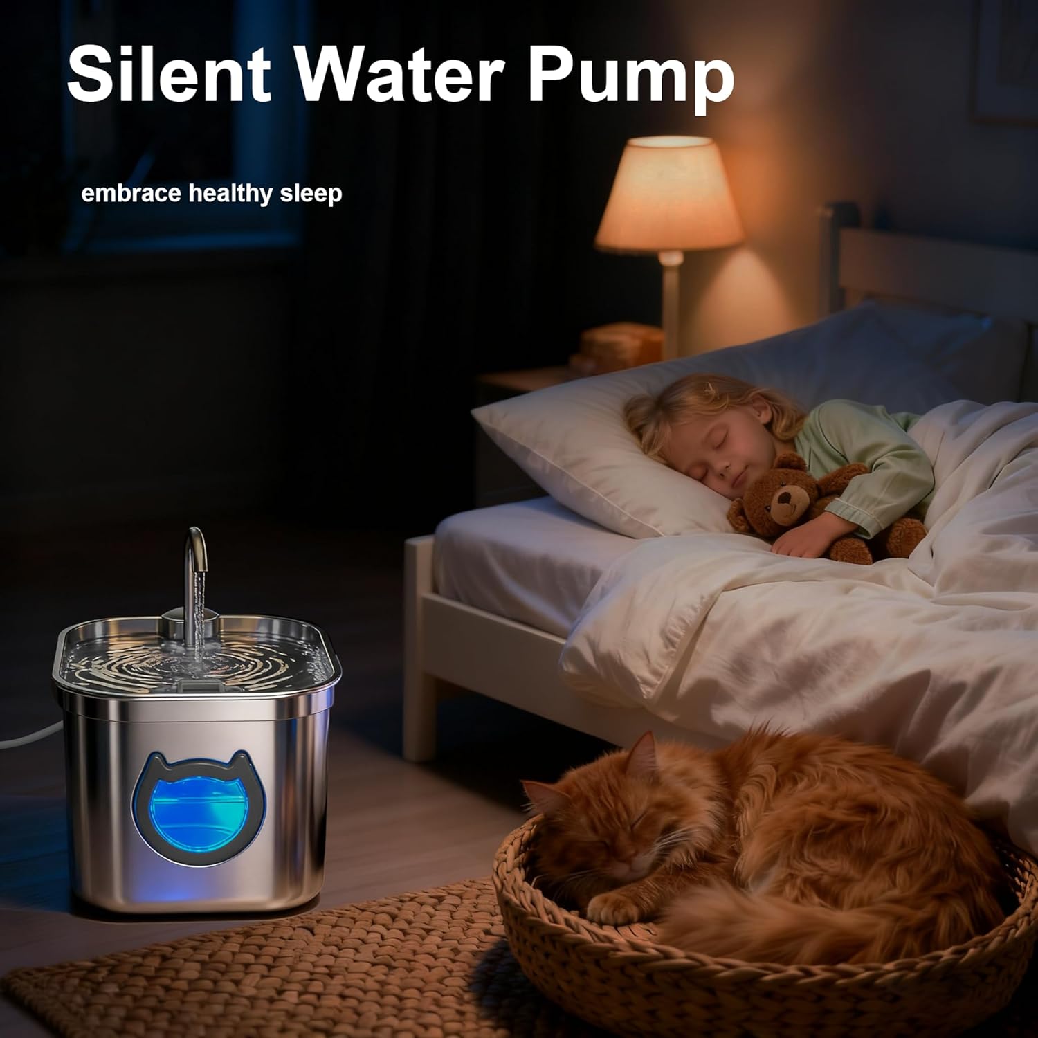 Detalle 1 de Cat Water Fountain for Drinking 2.2L Stainless Steel with Filter, LED Night Light and Quiet Pump