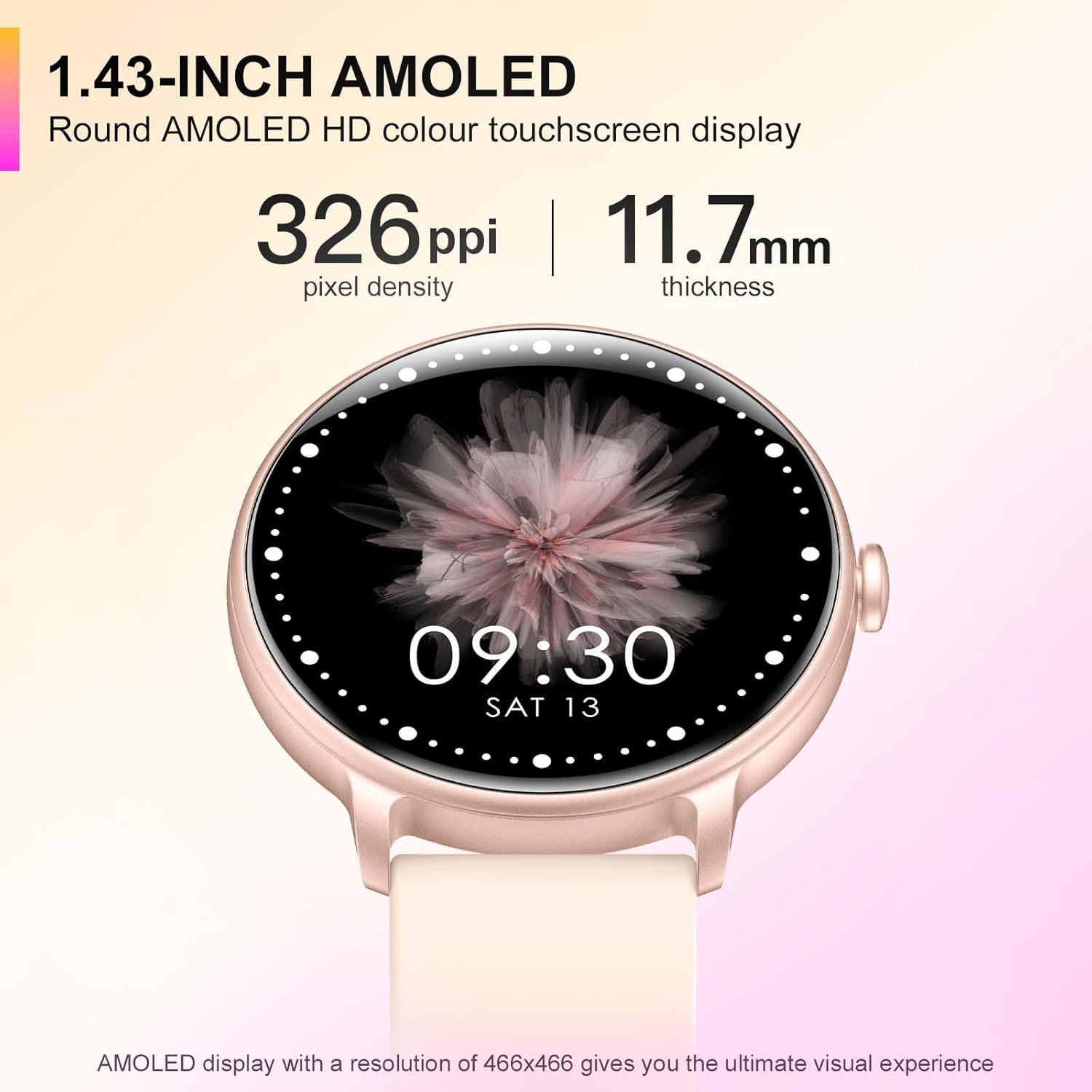 Detalle 2 de AcclaFit Smart Watch 1.43” AMOLED – Pink, Bluetooth Calls, Health Tracking