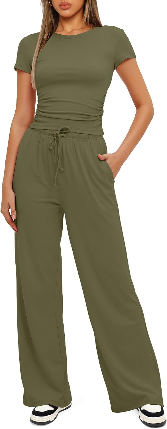 Thumbnail 2 de Darong Women's 2 Piece Summer Outfits Lounge Sets: Side Ruched Crop Top & Wide Leg Pants