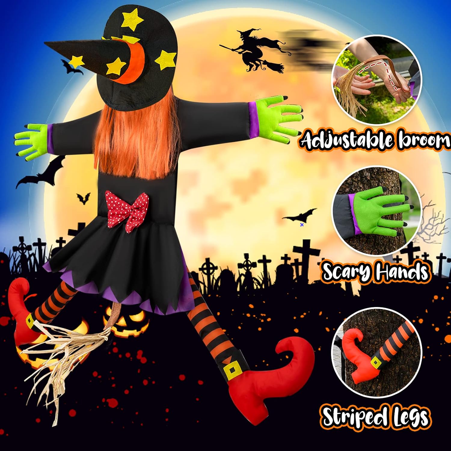 Detalle 2 de Bswalf 44-Inch Crashing Witch Halloween Hanging Yard Decoration