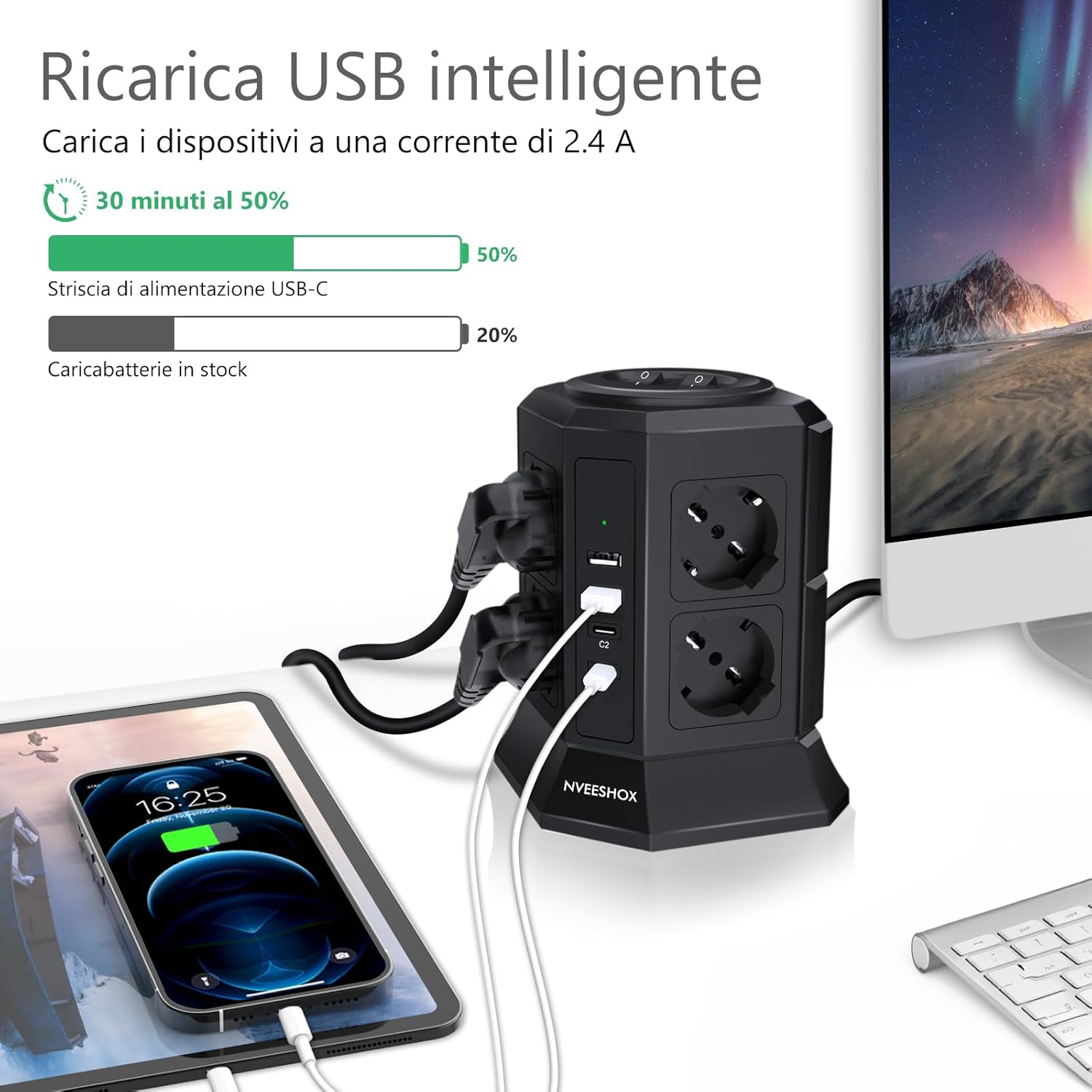 Thumbnail 2 de NVEESHOX Ciabatta multipresa verticale “Ciabatta” con 8 prese Schuko, 2 USB-C (PD 20W) e 2 USB-A, cavo 2 m