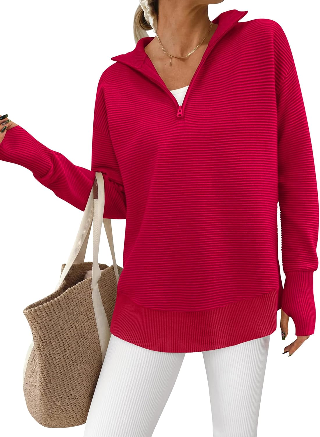 PRETTYGARDEN V‑neck ribbed thumbhole sweater for women