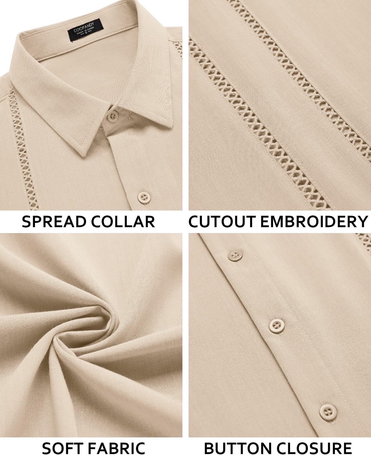 Detalle de COOFANDY Men's Cuban Guayabera Shirt - Short Sleeve Linen-Blend for Summer