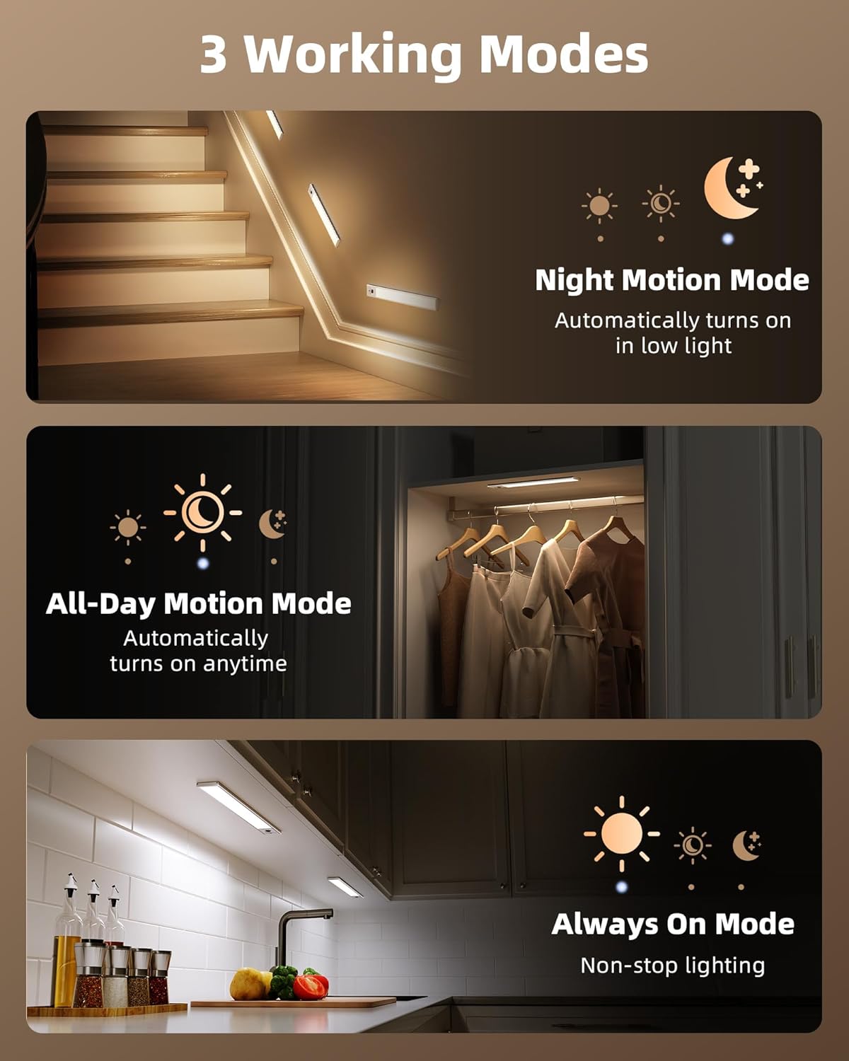 Detalle 2 de EZVALO 4-Pack Rechargeable Motion Sensor Under Cabinet Lights (2400mAh, 3 Color Temps, Dimmable)