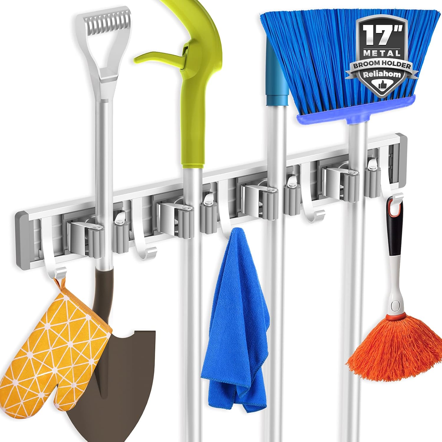 reliahom Broom Holder Wall Mount Mop Organizer 4 Racks with 5 Hooks