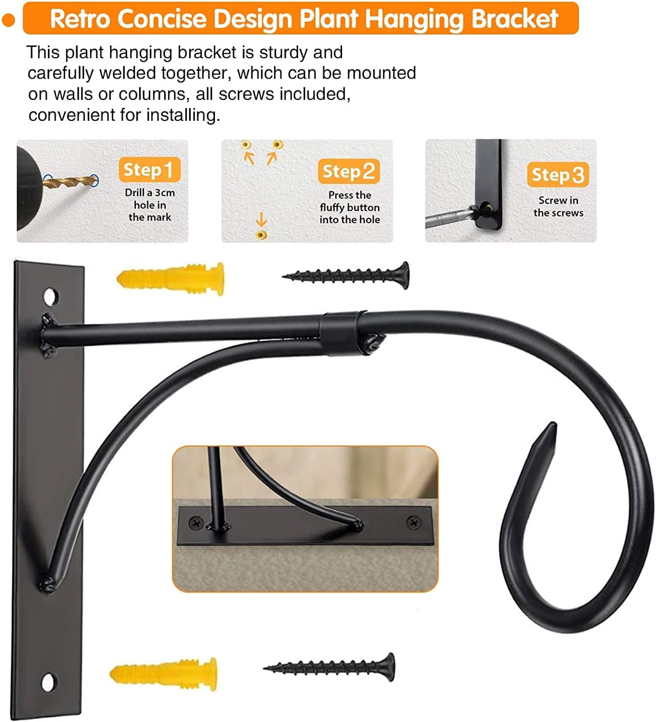 Detalle de Iron Wall Mount Plant Hanger (2-pack, 11 inch) rust-resistant brackets for hanging plants, lanterns and more