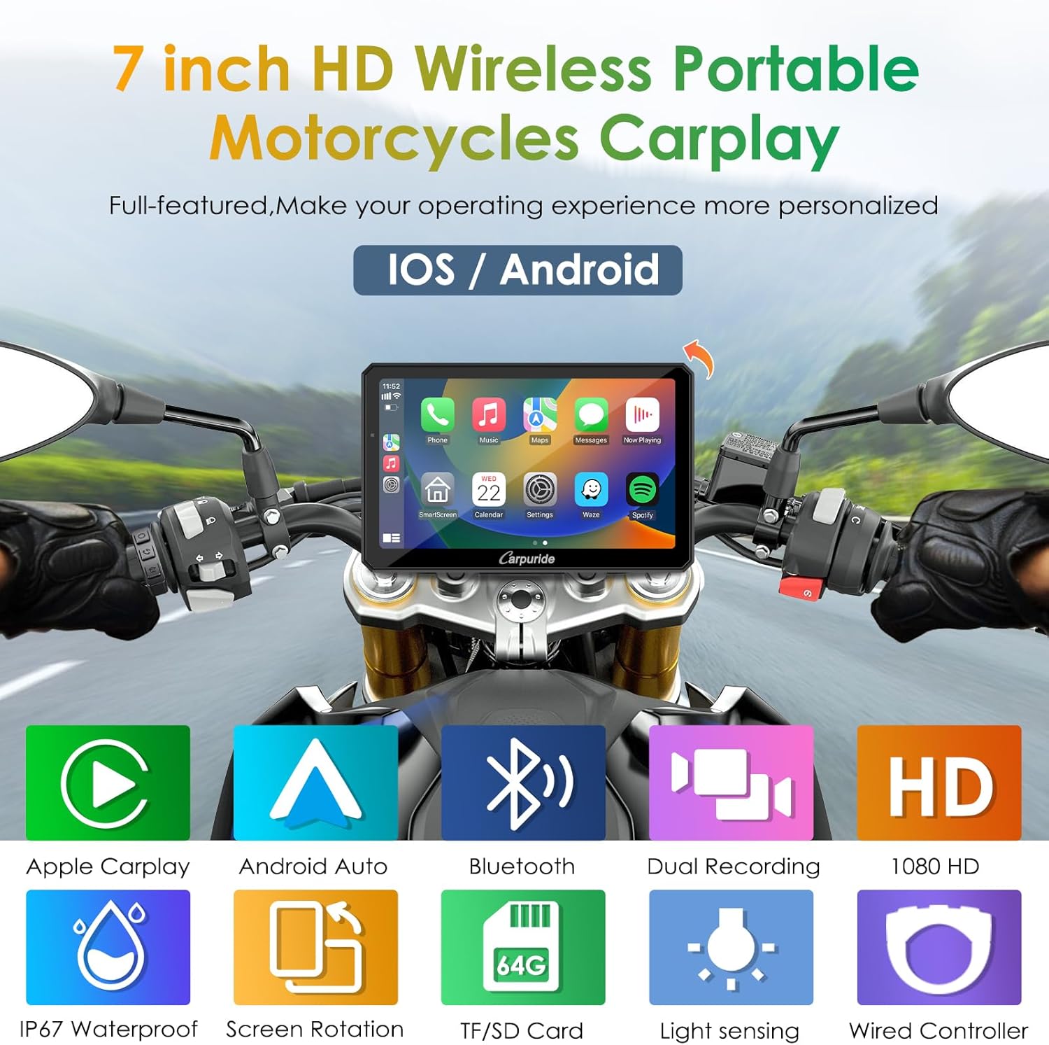 Thumbnail 1 de Carpuride W712D 7-Inch Motorcycle CarPlay Screen with Dual Dash Cam (HD 1080) + Wireless CarPlay/Android Auto