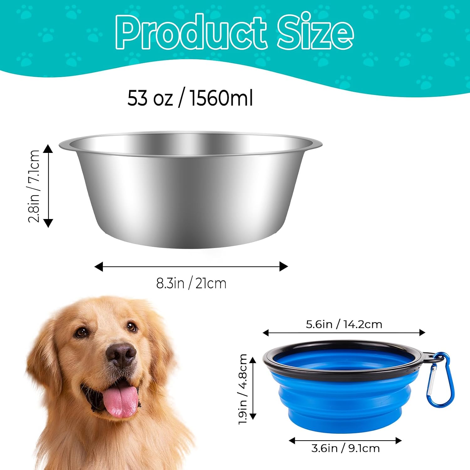 Detalle de ELISABE Stainless Steel Dog Bowls 2 Pack — Non-Slip, 1560ml, Includes Collapsible Bowl