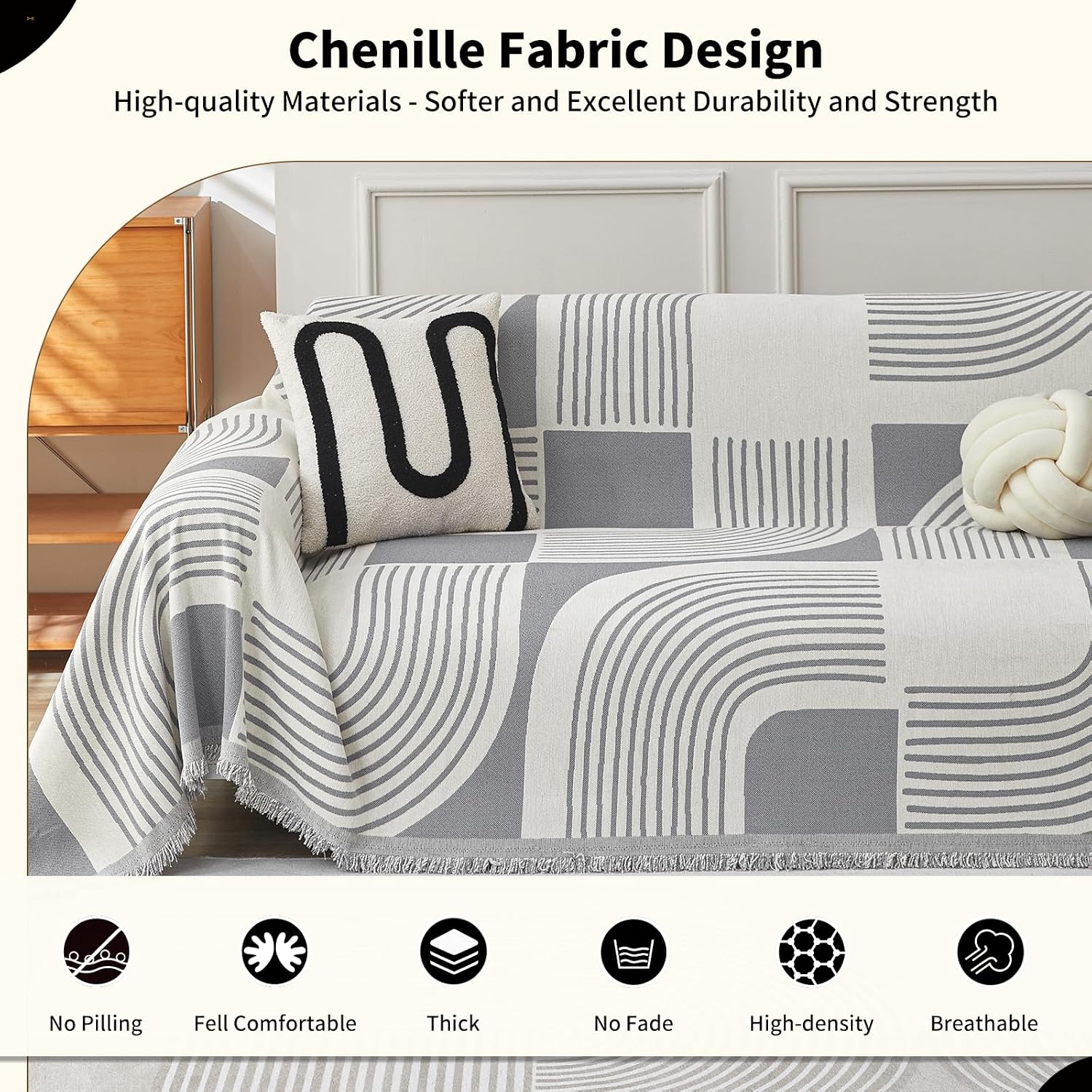 Detalle de WEYOND Boho chenille couch cover sofa slipcover (grey) – 230 x 380 cm