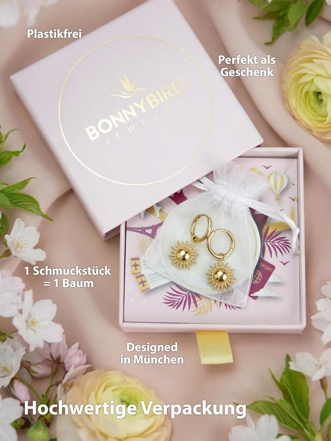 Detalle 2 de BONNYBIRD BonnySun wasserfeste Edelstahl-Ohrringe „Sonne“ (Creolen) 14 mm in Silber, Gold & Roségold