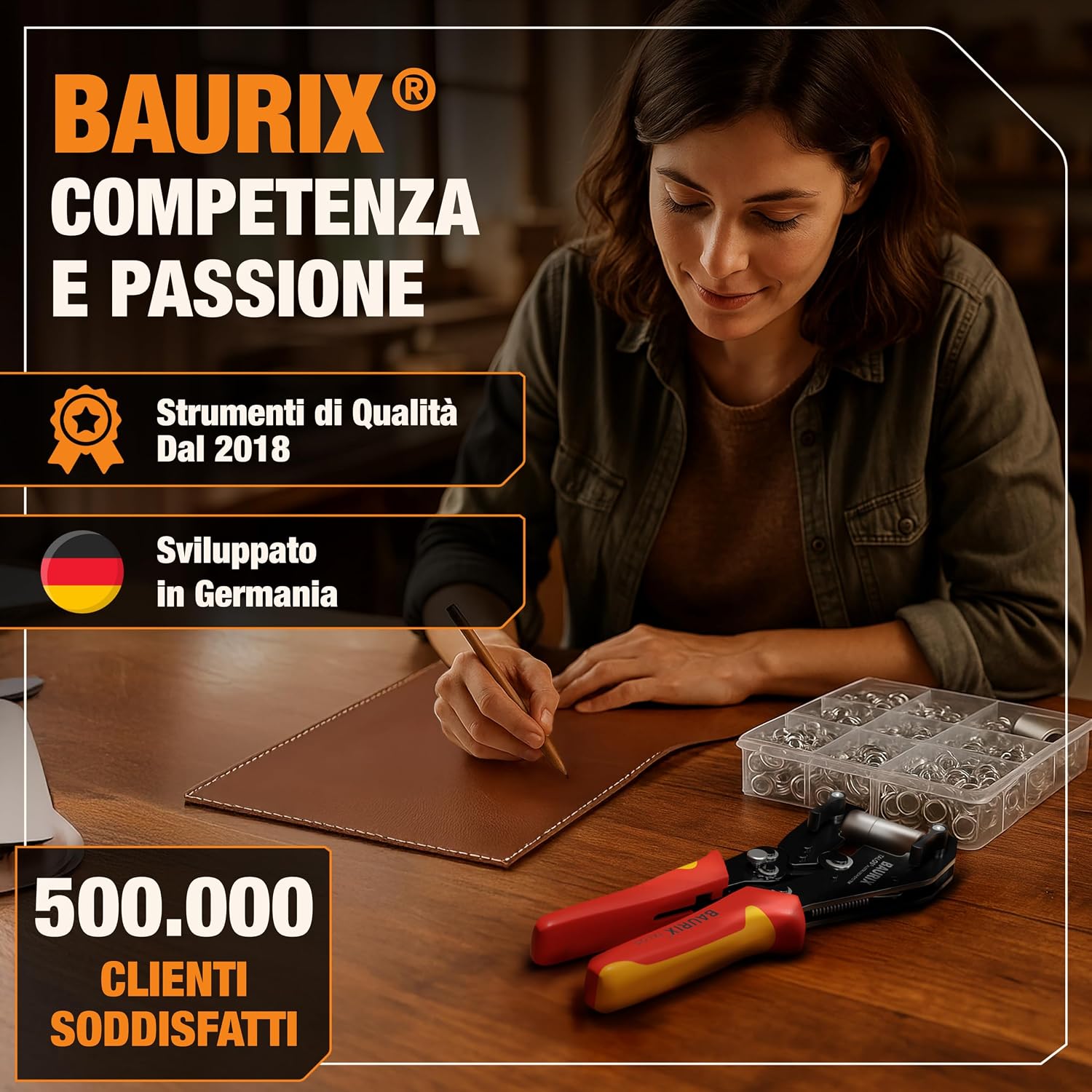 Detalle de BAURIX TALOS Pinza Occhielli Ø10 mm con 200 Occhielli – Autopunzante senza foro, per tessuti