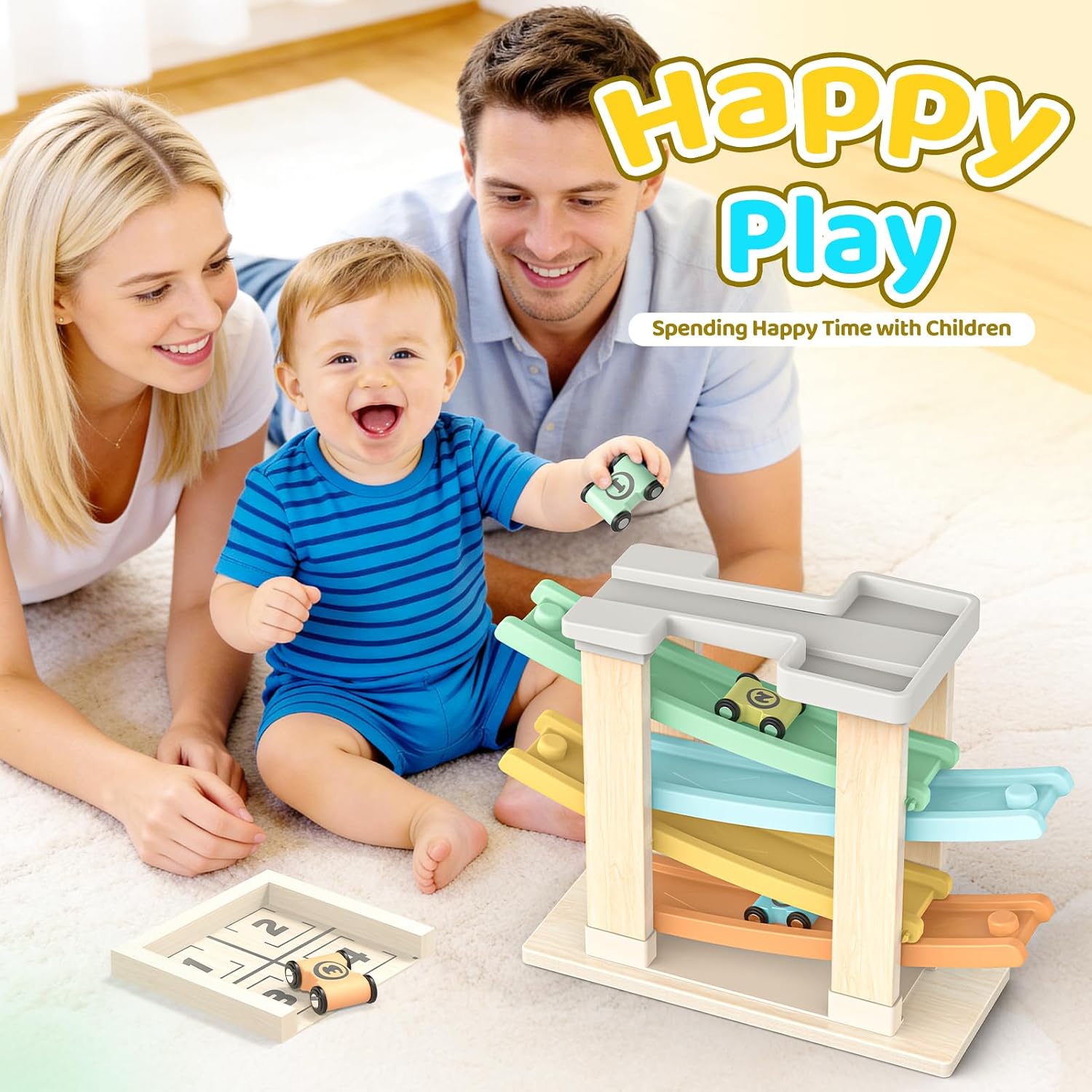 Detalle de Toyzey Wooden Toys Cars Ramp – Montessori-inspired Car Ramp Set for 1–3 Year Olds