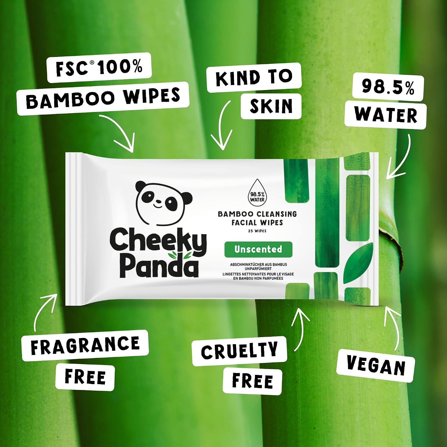 Thumbnail 6 de The Cheeky Panda Bamboo Face Cleanser & Makeup Remover Wipes (Unscented) – 6 Packs of 25