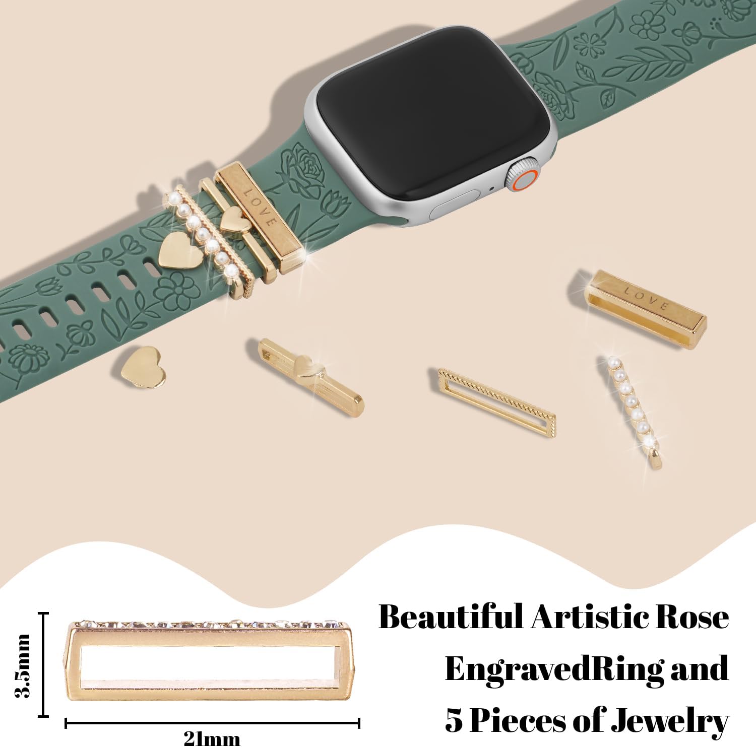 Detalle 2 de Designer Flower Engraved Apple Watch Strap with Charming Decoration for Women