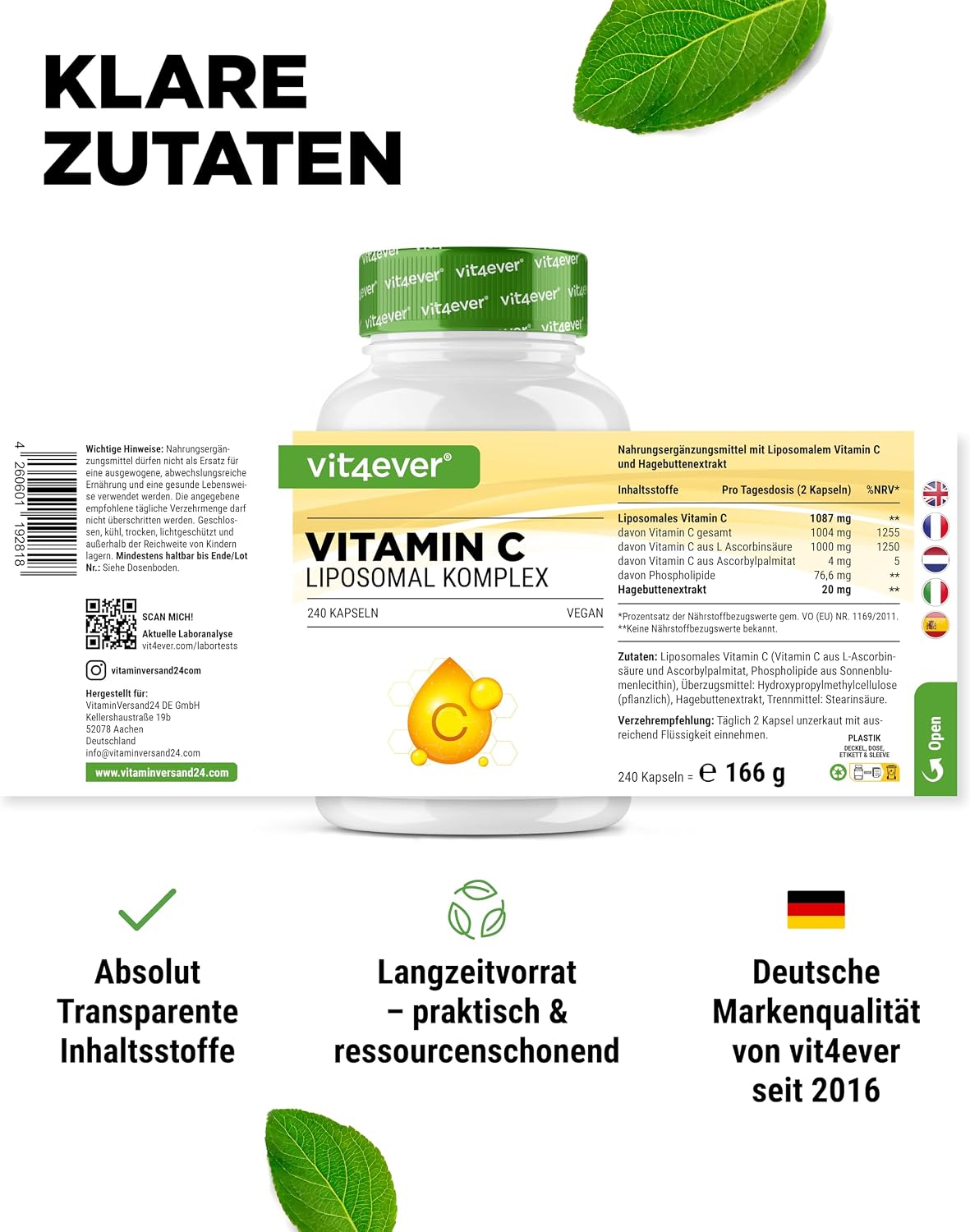 Detalle de Vit4ever Liposomales Vitamin C – 240 vegane Kapseln (1000 mg/Tag) für eine hochdosierte Zufuhr