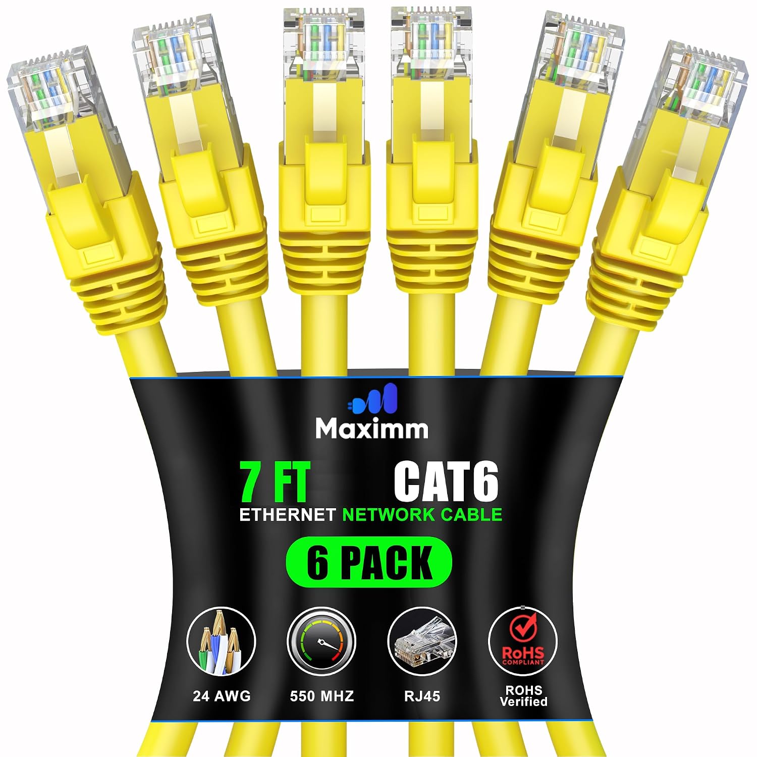 Detalle de Maximm Cat6 Ethernet Cable, 7 ft, 10 Gbps, Yellow, 6-Pack