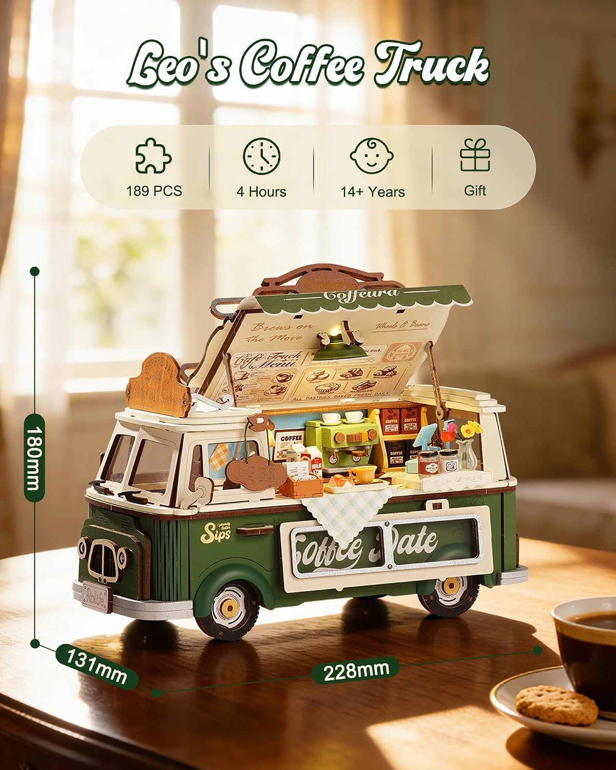 Detalle de Rolife Leo's Coffee Truck 3D Puzzle: A Detailed Miniature Model Kit for Adults