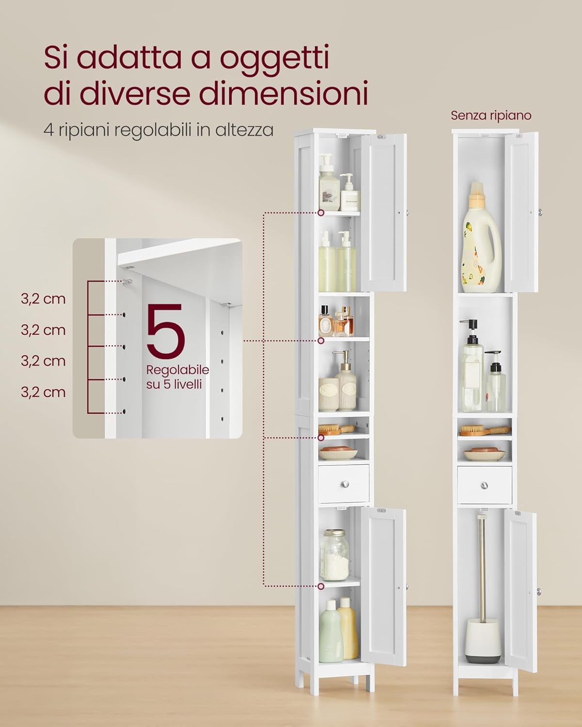 Detalle de VASAGLE Armadio da Bagno Alto BBC765W01, Bianco Nuvola – Compatto, con Ripiani Regolabili e Antiribaltamento
