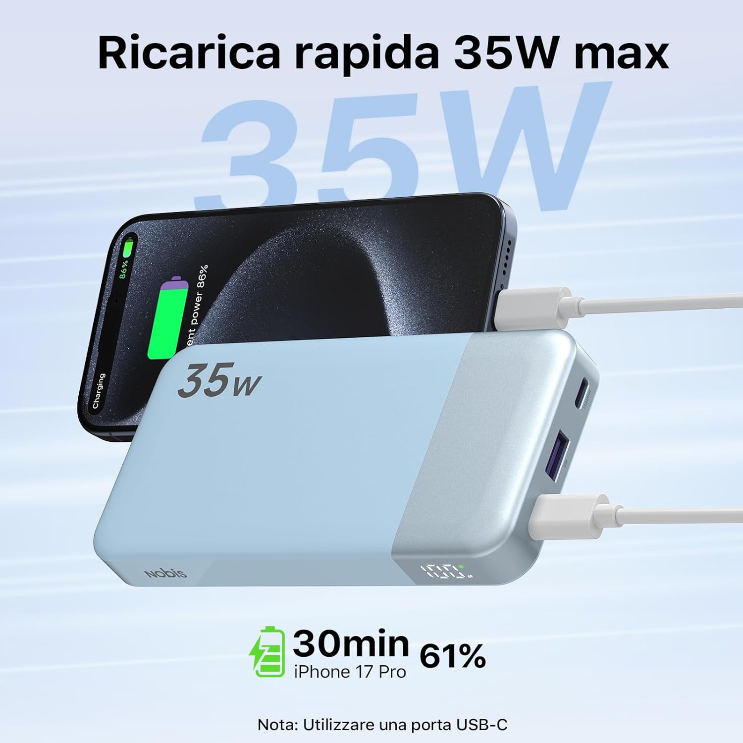 Detalle 2 de NOBIS Power Bank 35W Portatile 10000mAh – ricarica rapida, display e triple uscita