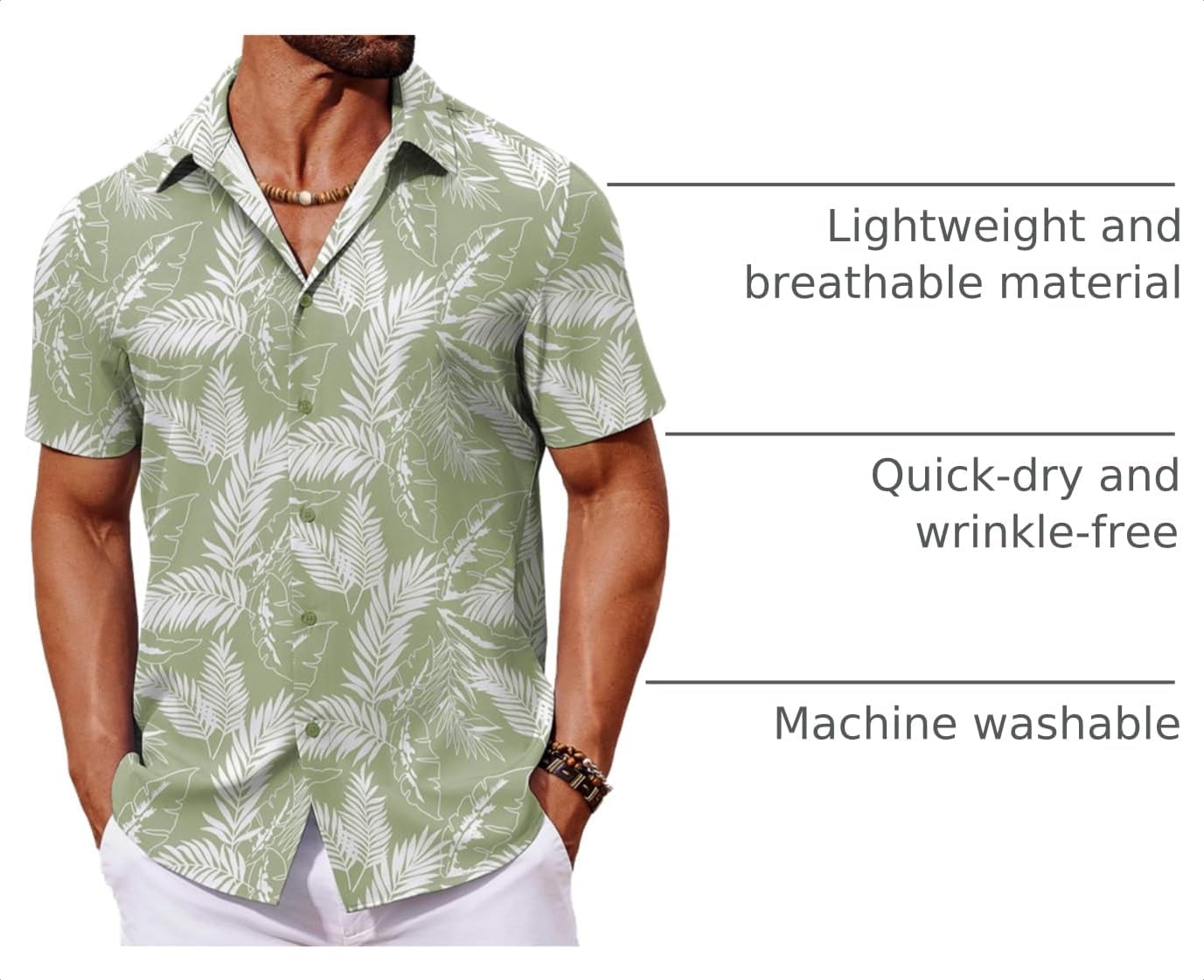 Detalle 2 de COOFANDY Men's Hawaiian Shirt, Short-Sleeve Button-Down with Tropical Print