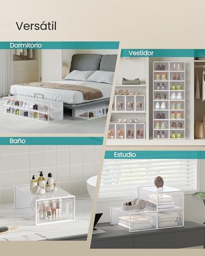 Detalle de SONGMICS Cajas de Zapatos: Organizador de Plástico, Plegable y Apilable (12 uds, Talla 43) - Transparente y Blanco Nube