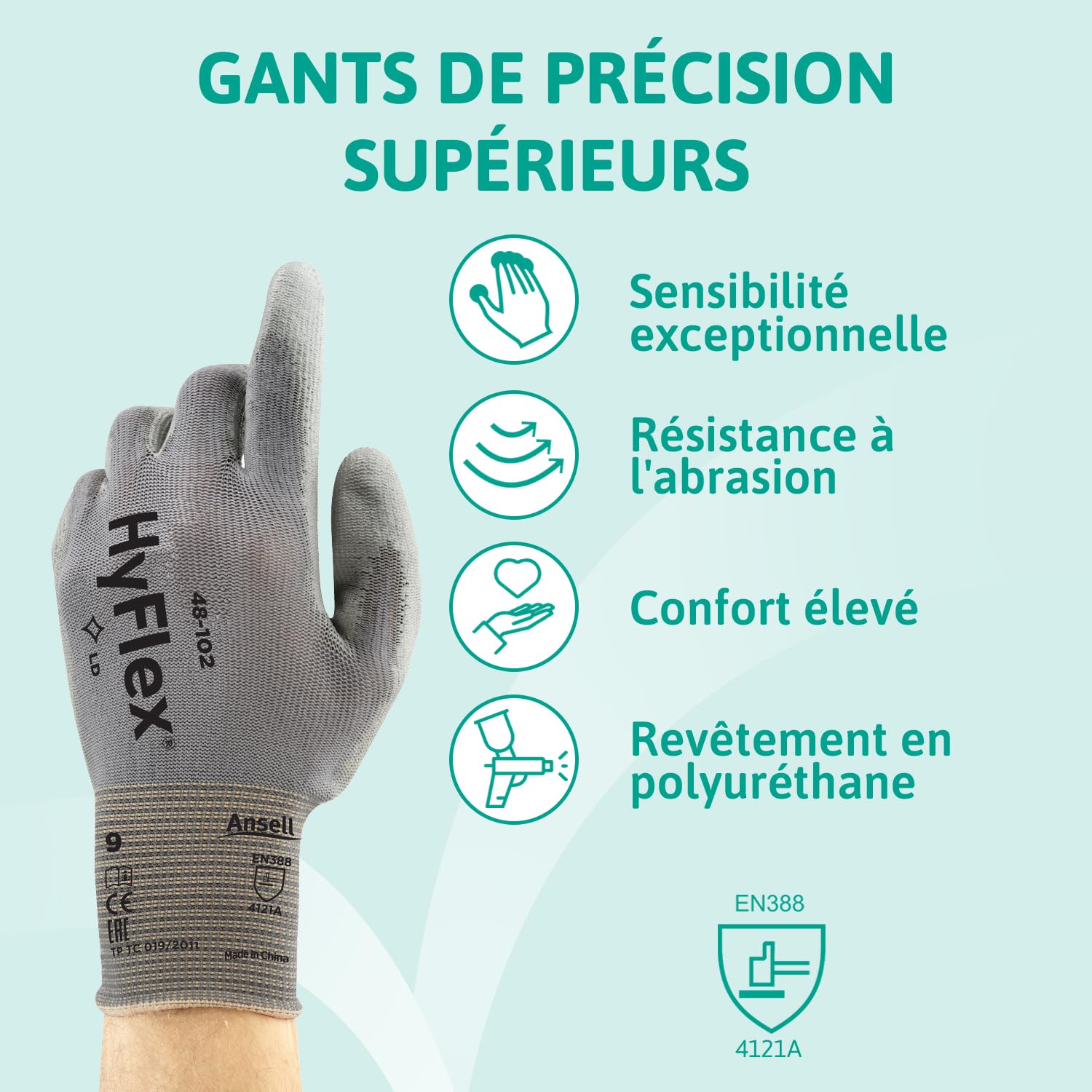 Thumbnail 1 de Ansell HyFlex 48-102 Gants de travail ultrafins taille 2XL 🧤