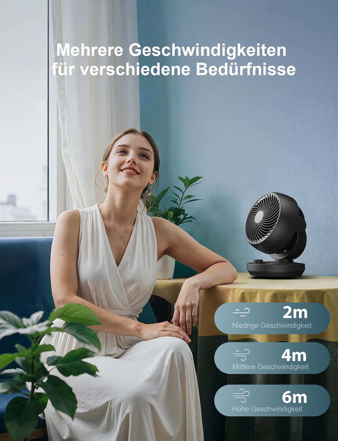 Detalle de Ventilator Leise – Tischventilator mit 22 dB, 35W, 3 Stufen + 100°/90° Neigung, kompakt & leise für Schlafzimmer, Büro & Wohnzimmer bis 21 m²
