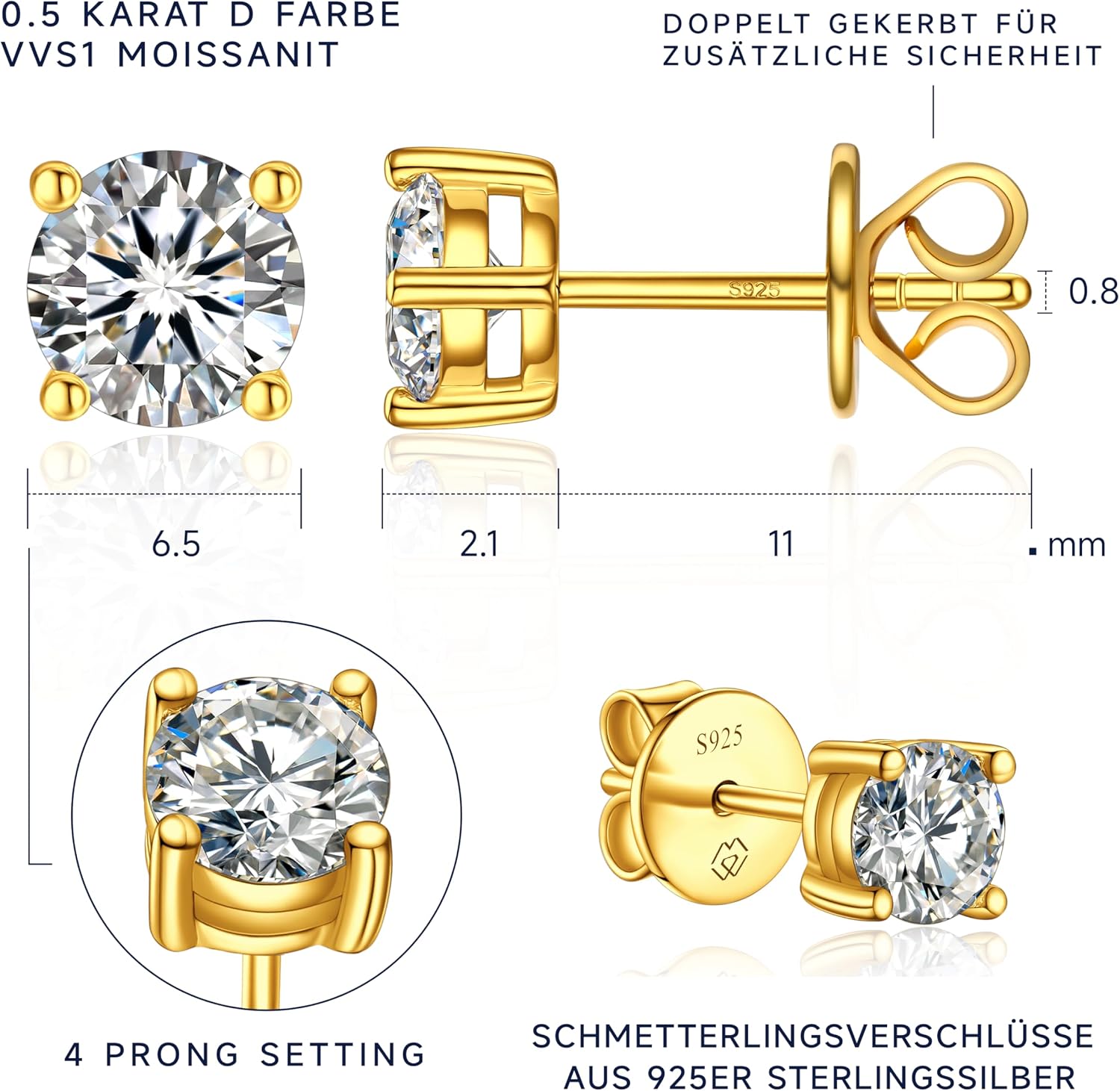 Detalle de MomentWish Moissanite Ohrringe Gold 585 Rosegold – 0,6 Karat, 4 mm Moissanit, hypoallergen, 2x Ohrstecker