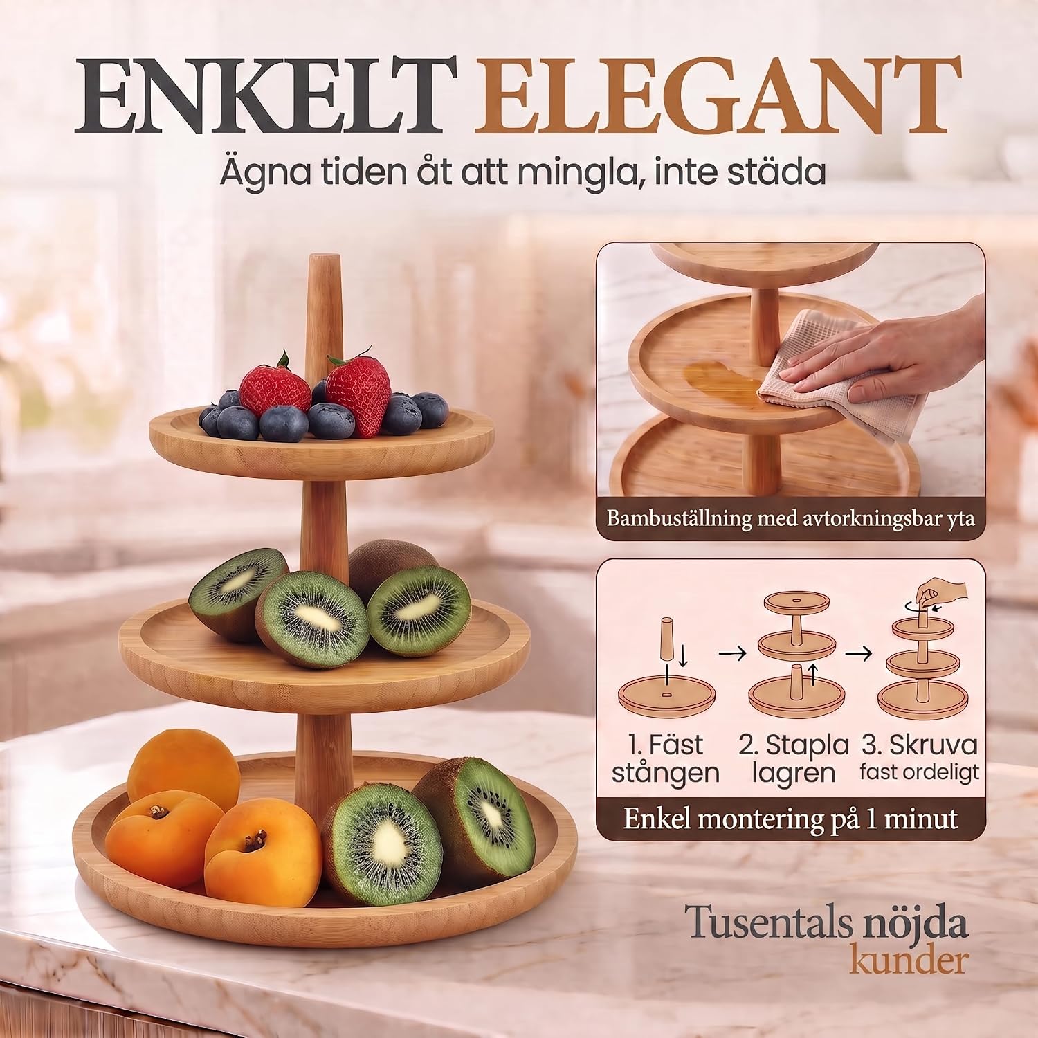 Detalle 2 de DIMONO serveringsställ i bambu med tre våningar, runda fat och 37,5 cm höjd