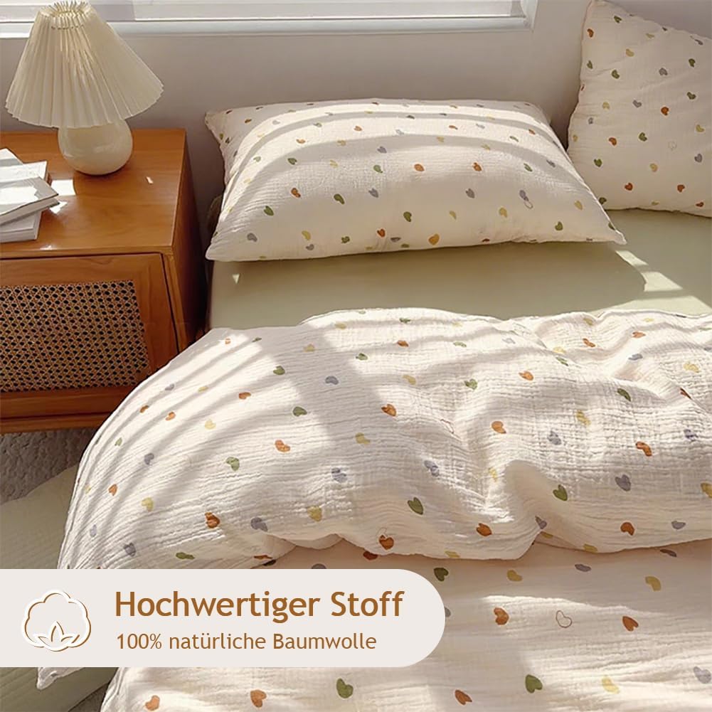 Detalle de AShanlan Kinderbettwäsche 135x200 Musselin – Bunte Herzen, OEKO-TEX, mit Reißverschluss
