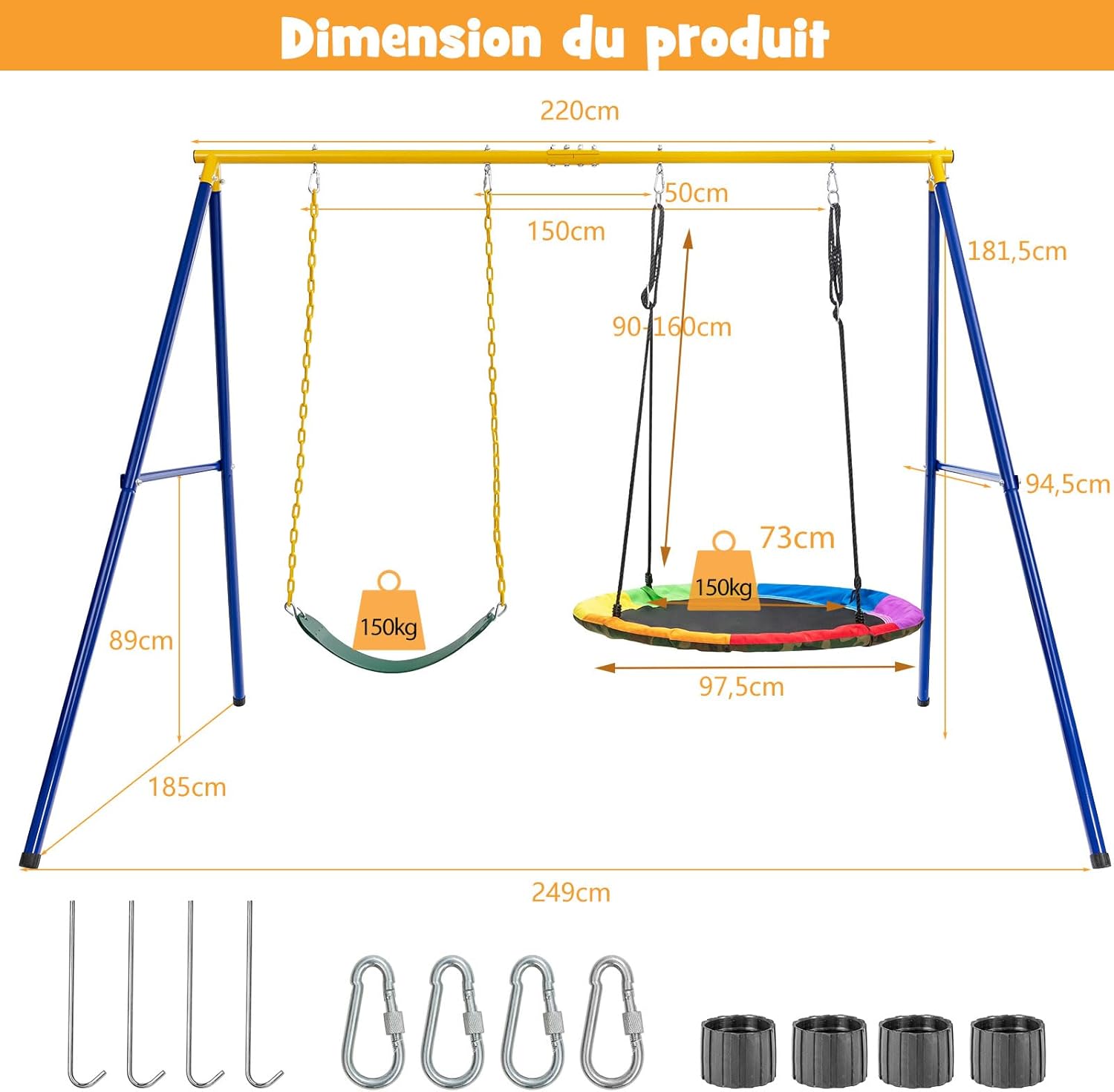 Thumbnail 2 de COSTWAY Portique Balançoire Extérieur en Métal avec 2 Balançoires – Cadre en Forme A, suspension réglable et charge maximale 300 kg